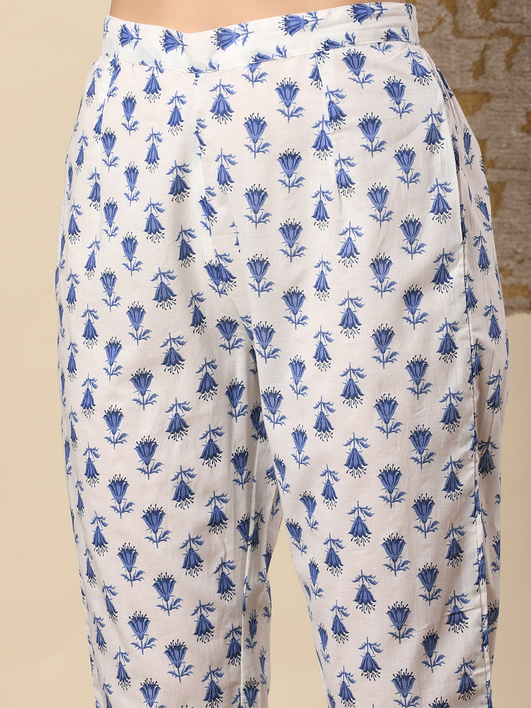 Ethnic Printed & Hand Embroidered Anarkali Flared Kurta with Pant & Dupatta - Off White