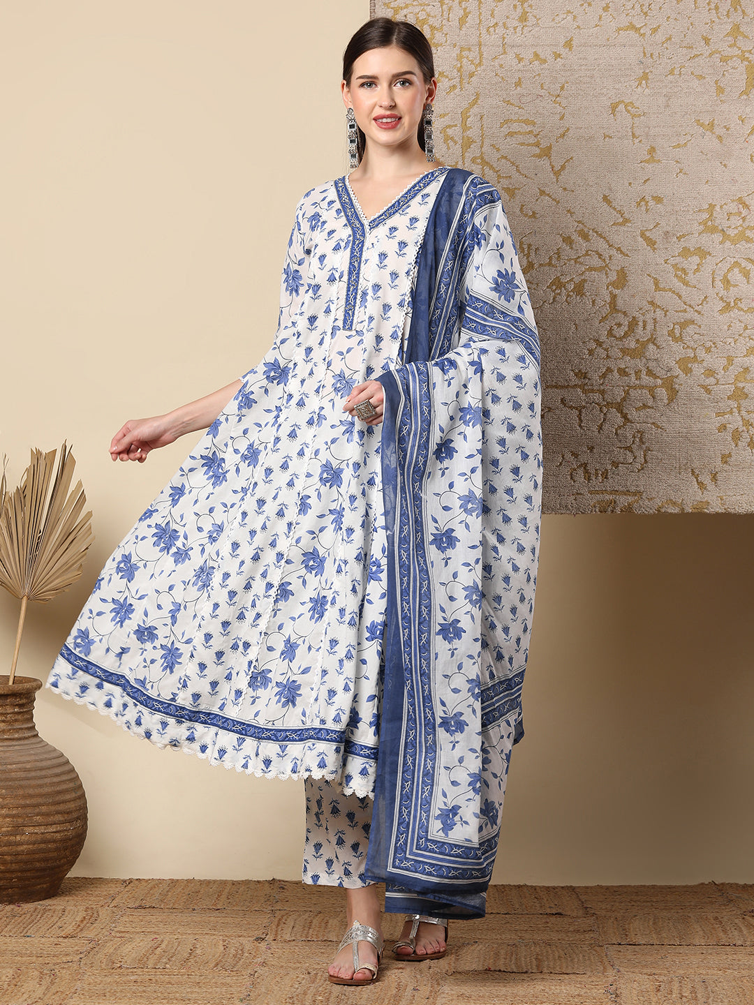 Ethnic Printed & Hand Embroidered Anarkali Flared Kurta with Pant & Dupatta - Off White