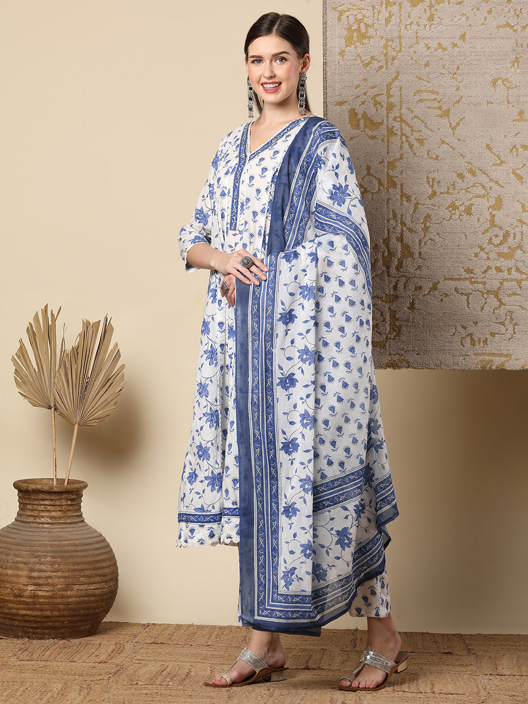 Ethnic Printed & Hand Embroidered Anarkali Flared Kurta with Pant & Dupatta - Off White