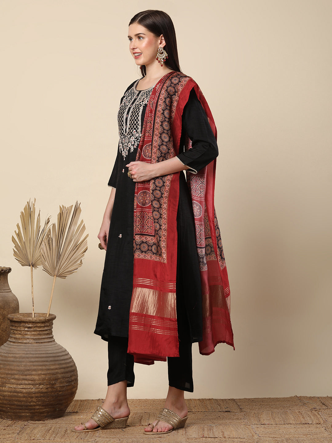 Ethnic Floral Embroidered Straight Cut Kurta with Pant and Printed Dupatta - Black
