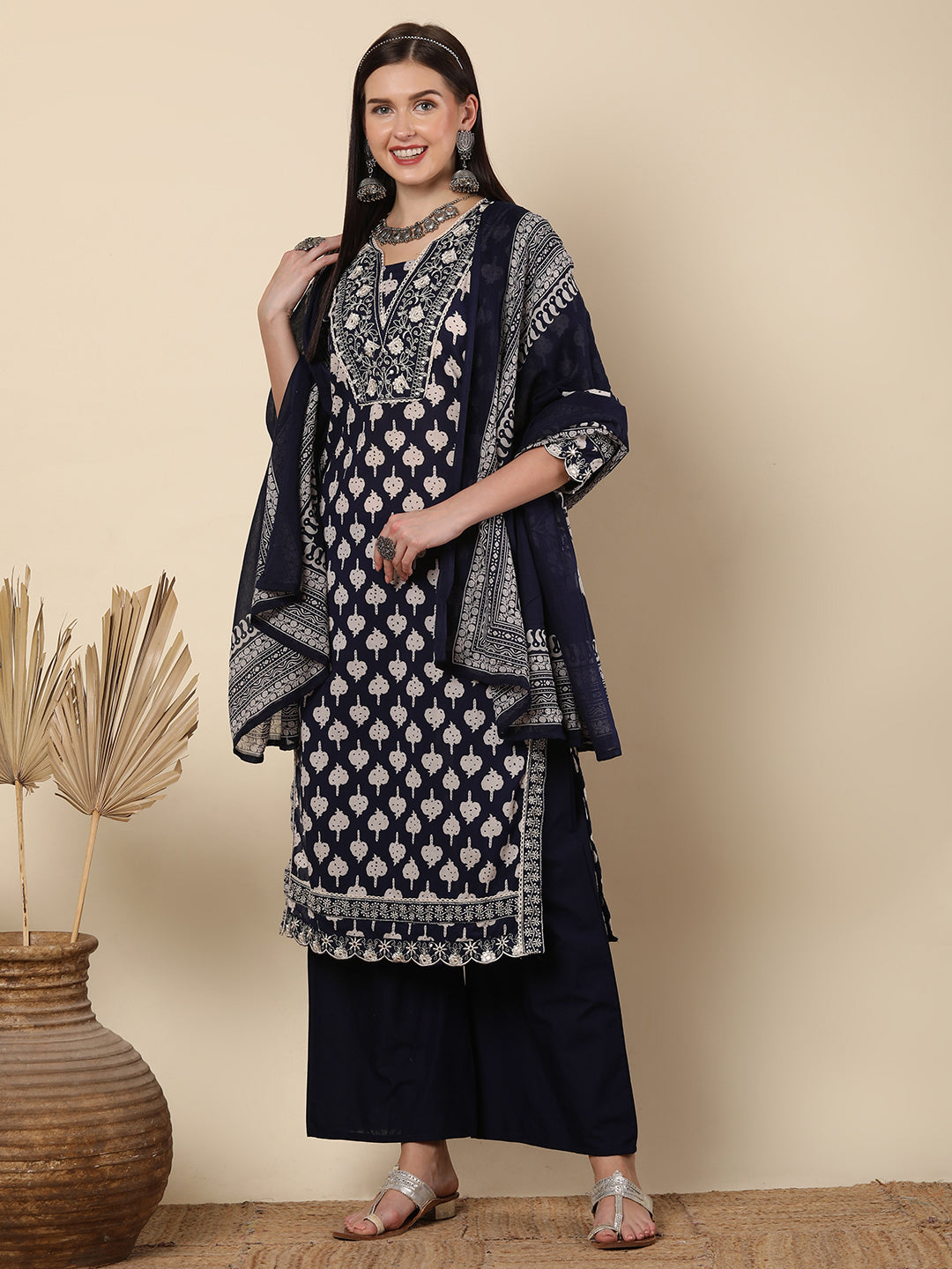 Ethnic Printed & Embroidered Straight Cut Kurta with Palazzo & Dupatta - Black