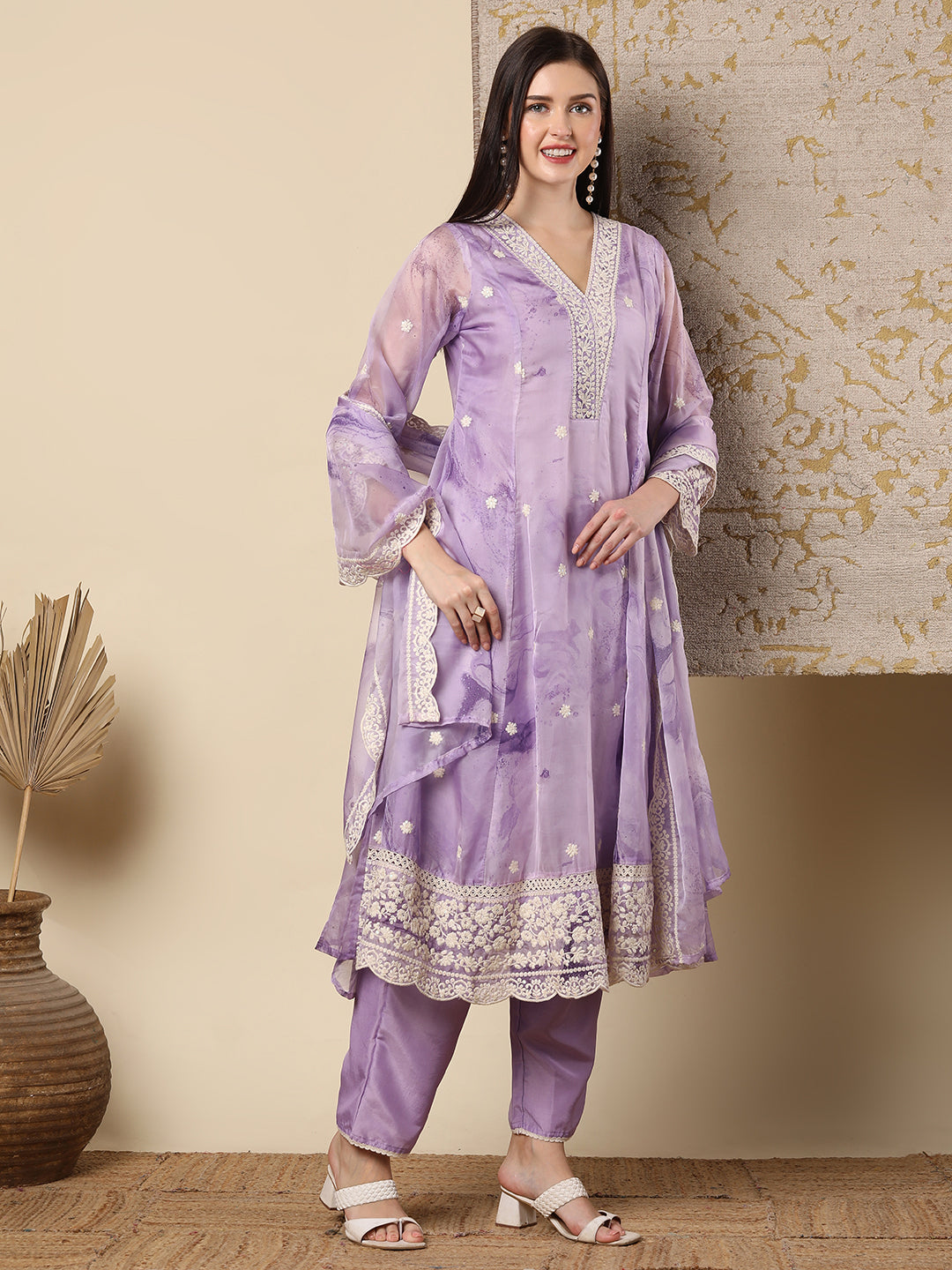 Abstract Printed & Floral Embroidered Anarkali Flared Kurta with Pant and Dupatta - Purple