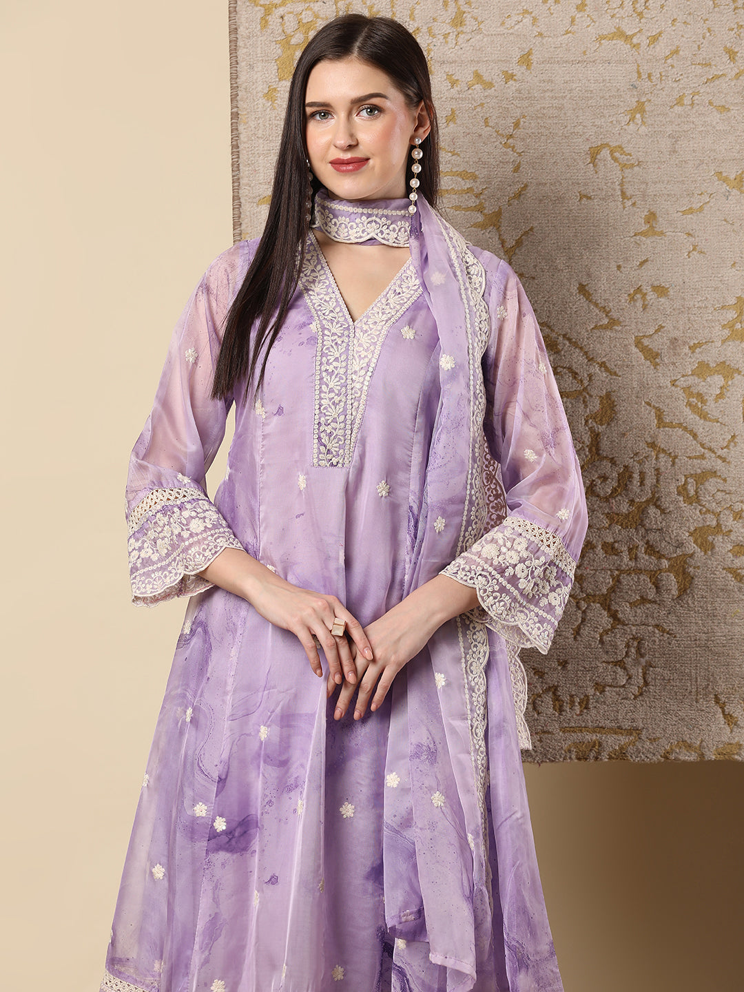 Abstract Printed & Floral Embroidered Anarkali Flared Kurta with Pant and Dupatta - Purple