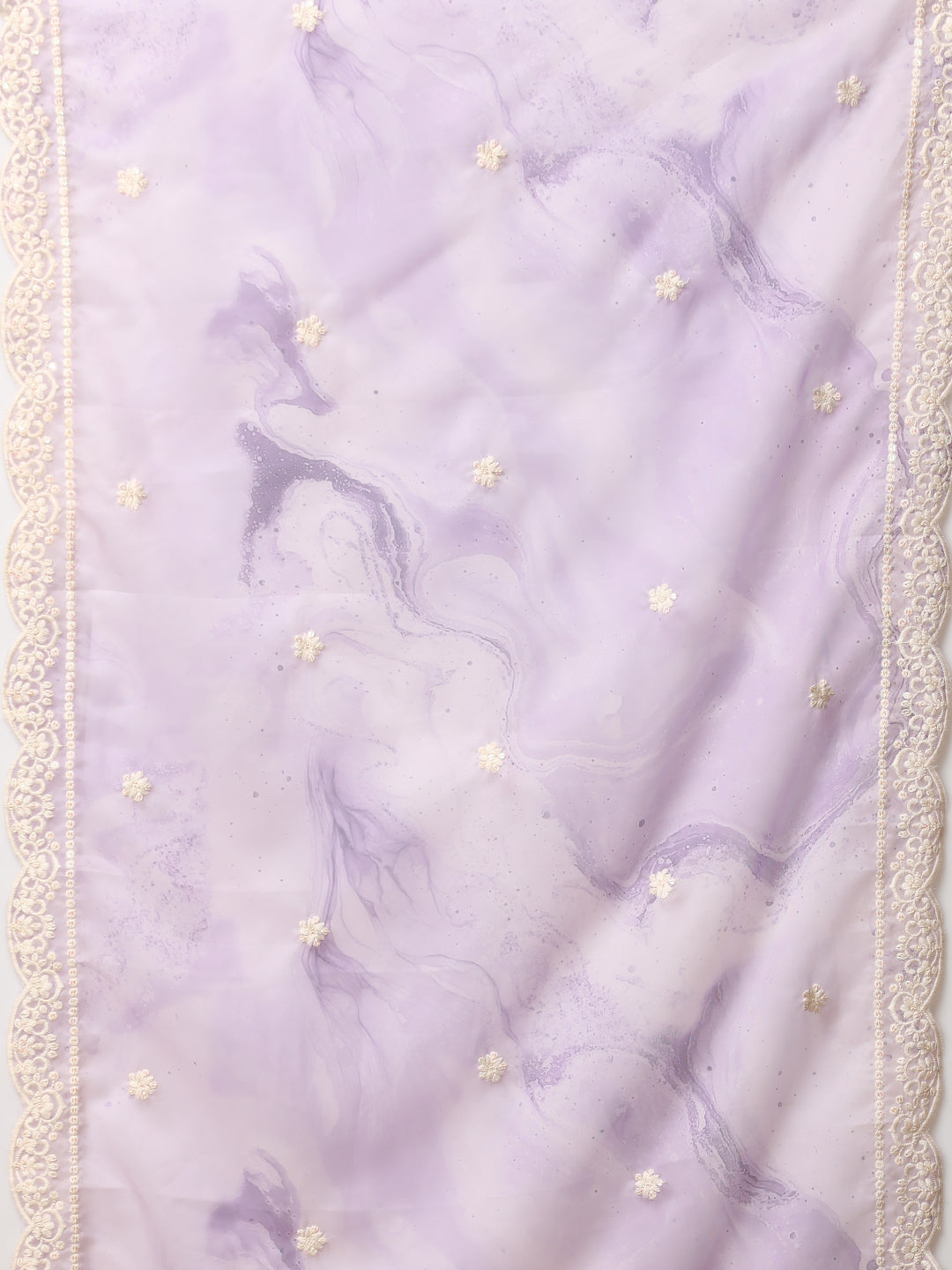 Abstract Printed & Floral Embroidered Anarkali Flared Kurta with Pant and Dupatta - Purple