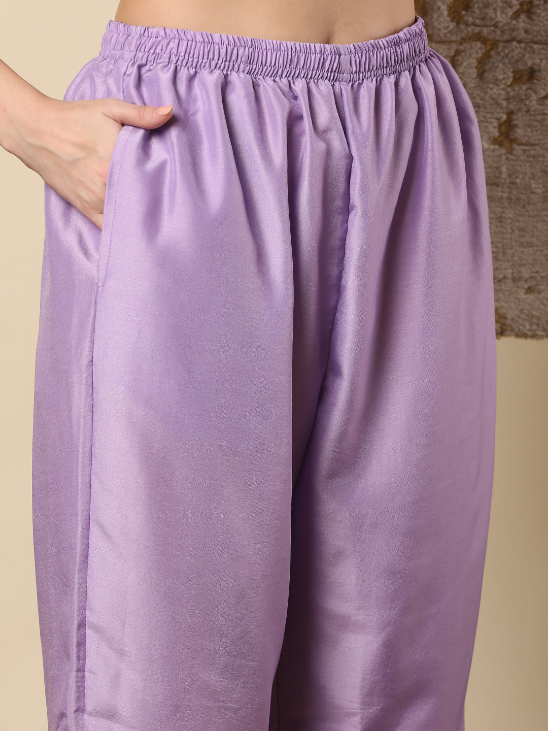 Abstract Printed & Floral Embroidered Anarkali Flared Kurta with Pant and Dupatta - Purple