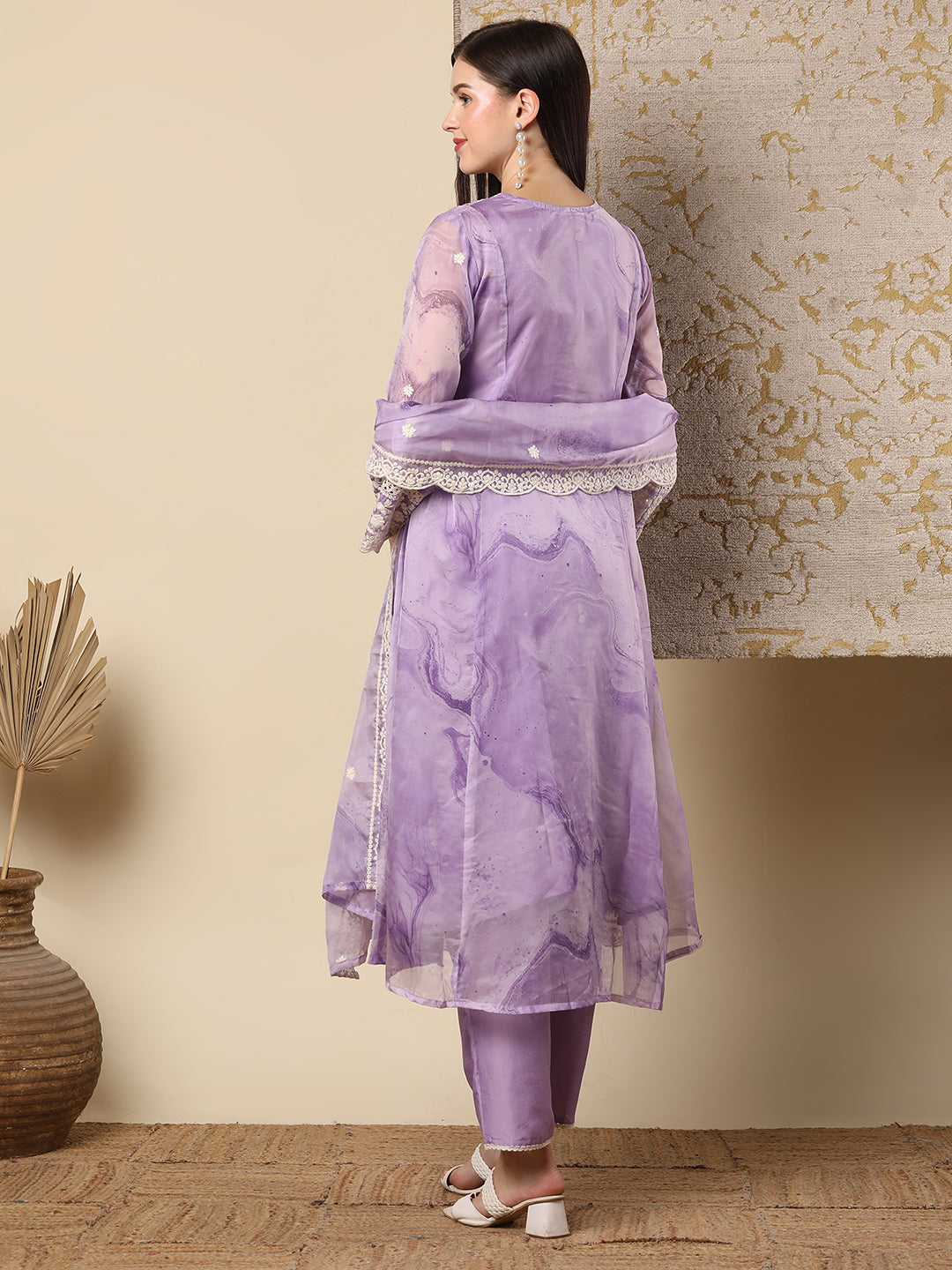 Abstract Printed & Floral Embroidered Anarkali Flared Kurta with Pant and Dupatta - Purple
