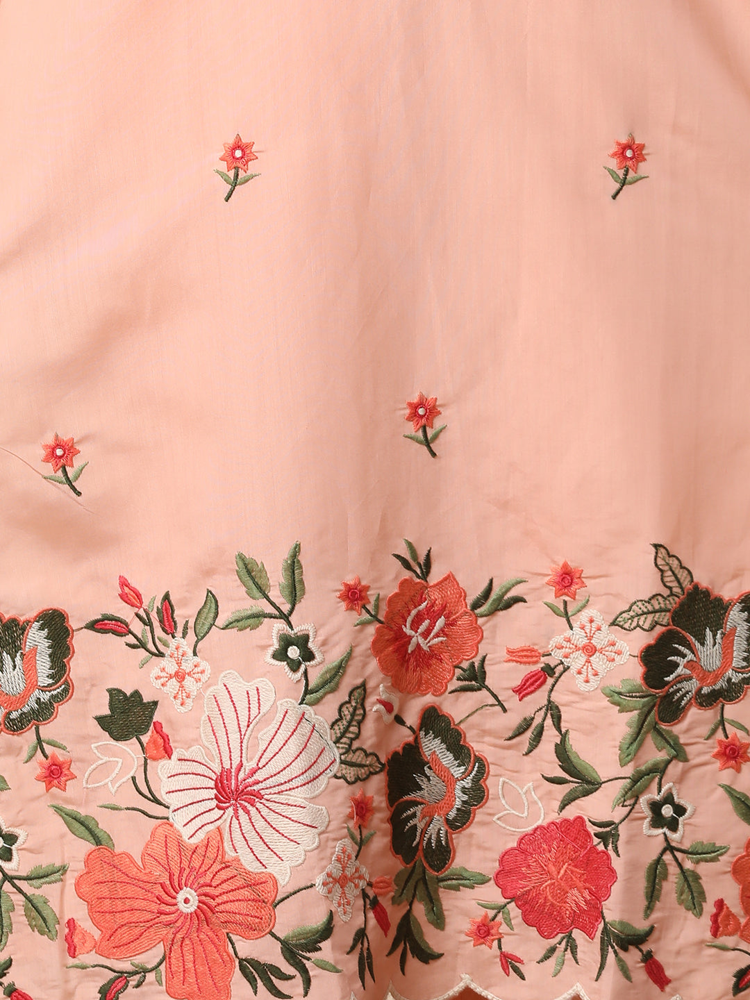 Floral Threadwork Embroidered Straight Cut Kurta with Pant & Organza Dupatta - Peach