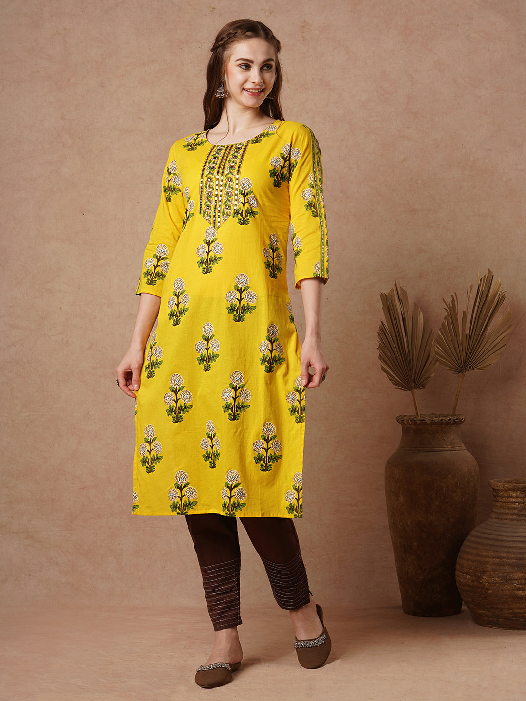 Ethnic Ikat Stylized Printed Straight Fit Cotton Kurta - Yellow