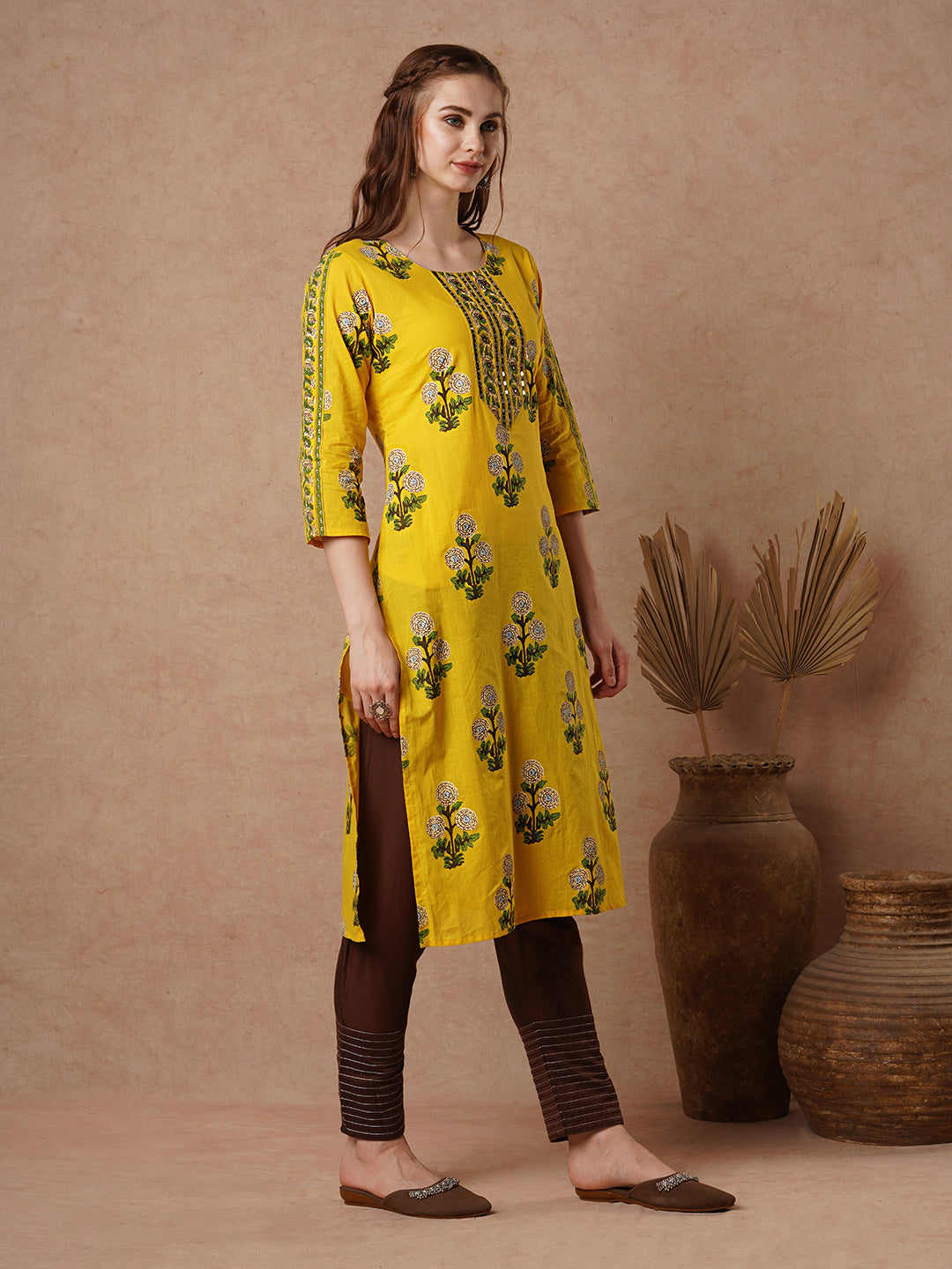 Ethnic Ikat Stylized Printed Straight Fit Cotton Kurta - Yellow