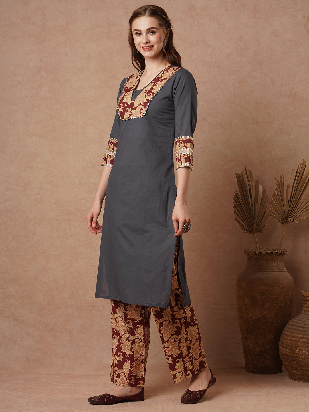 Solid Sequin Embellished Straight Kurta with Floral Printed Palazzo - Grey