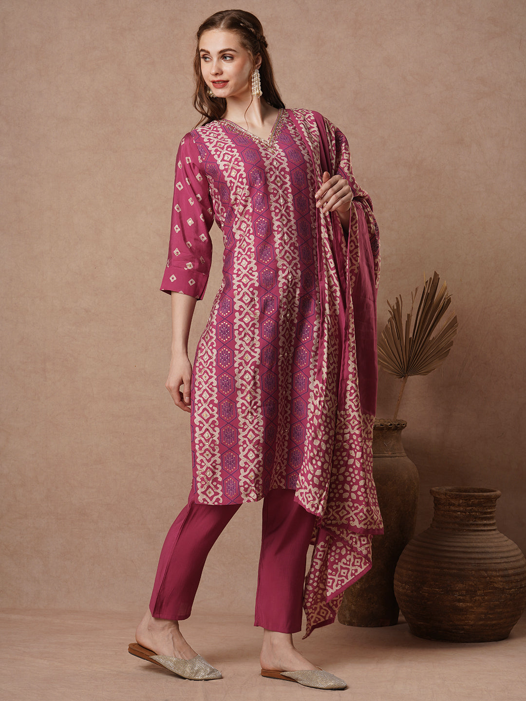 Ethnic Printed & Embroidered Straight Muslin Silk Kurta with Pant & Dupatta - Pink