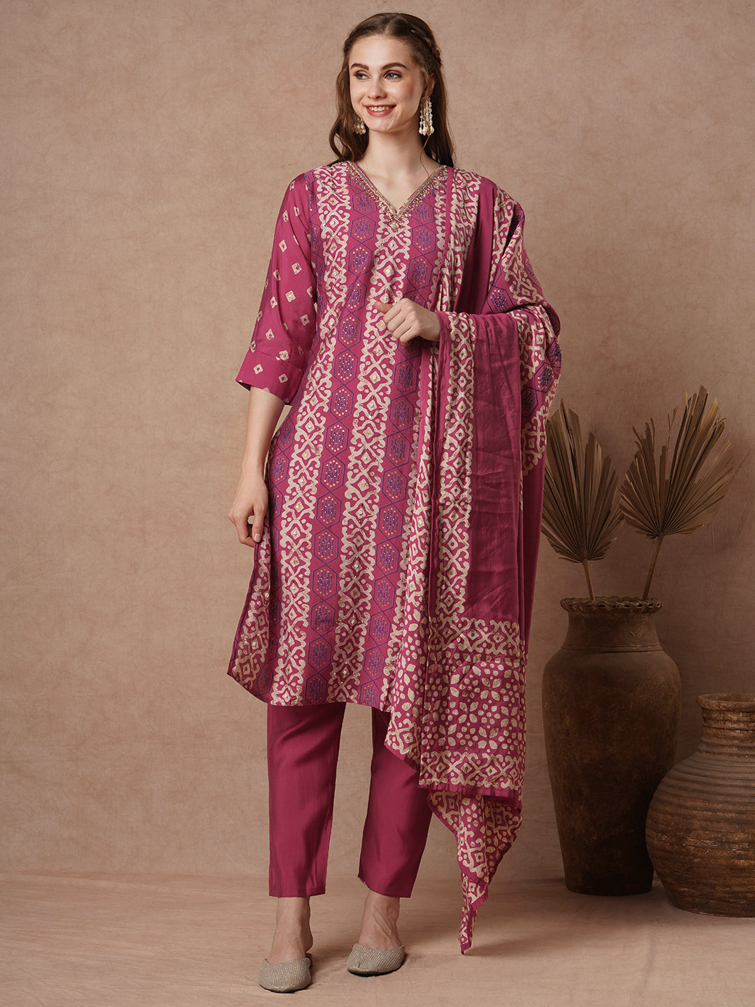 Ethnic Printed & Embroidered Straight Muslin Silk Kurta with Pant & Dupatta - Pink