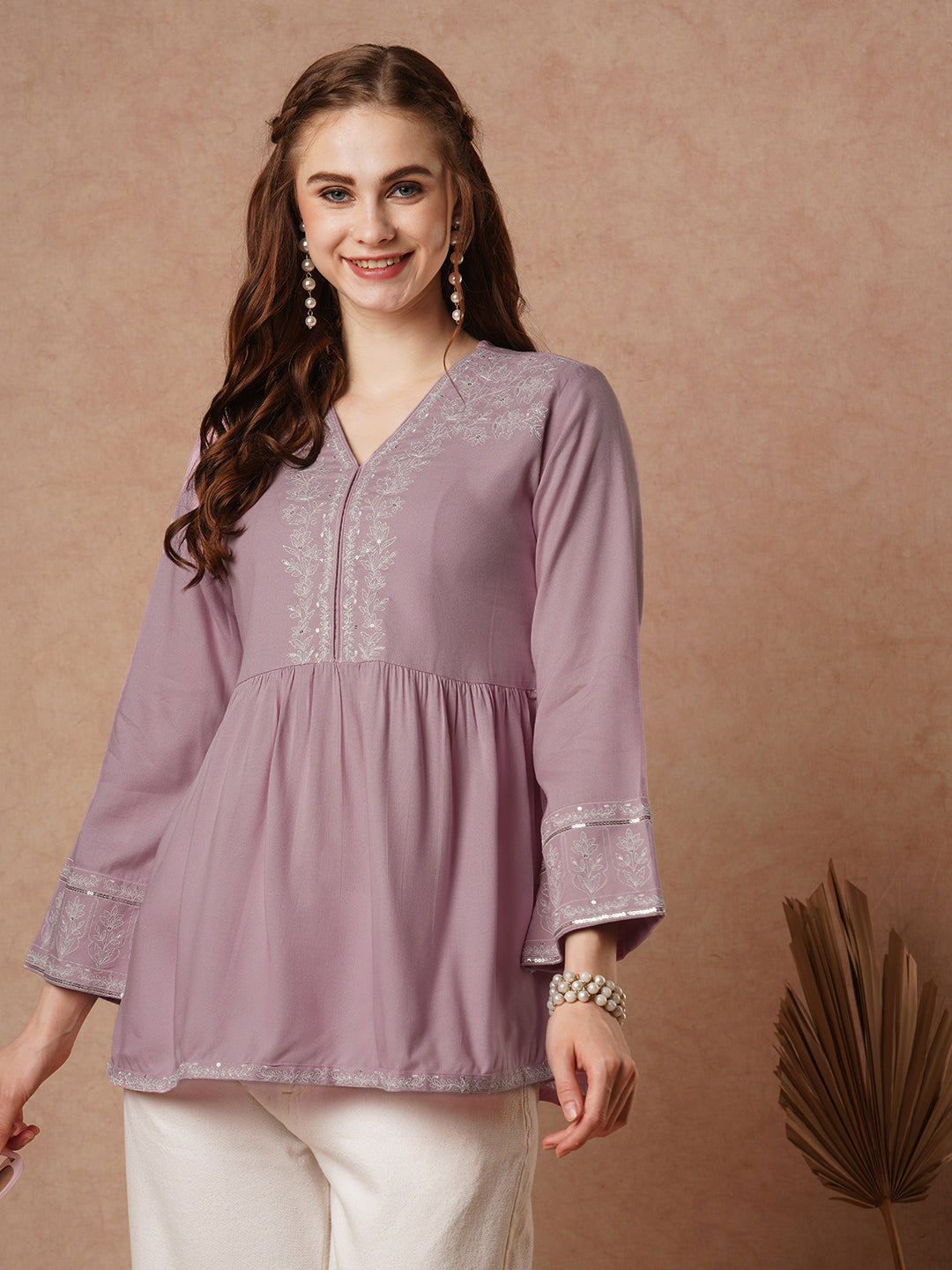 Pink Floral Threadwork Embroidered Straight Fit Pleated Kurti - Pink