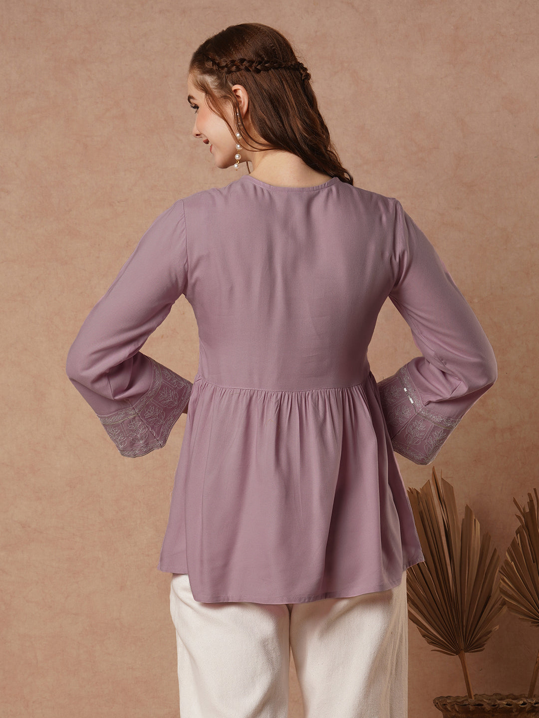 Pink Floral Threadwork Embroidered Straight Fit Pleated Kurti - Pink