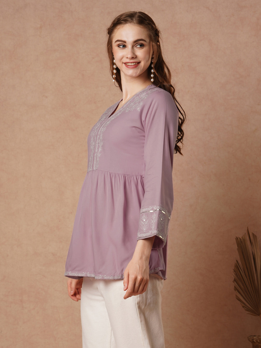 Pink Floral Threadwork Embroidered Straight Fit Pleated Kurti - Pink