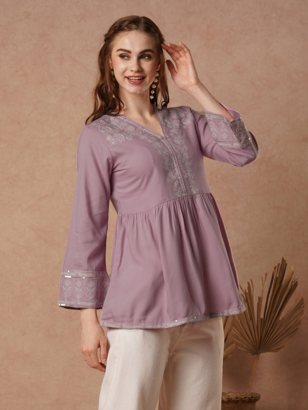 Pink Floral Threadwork Embroidered Straight Fit Pleated Kurti - Pink