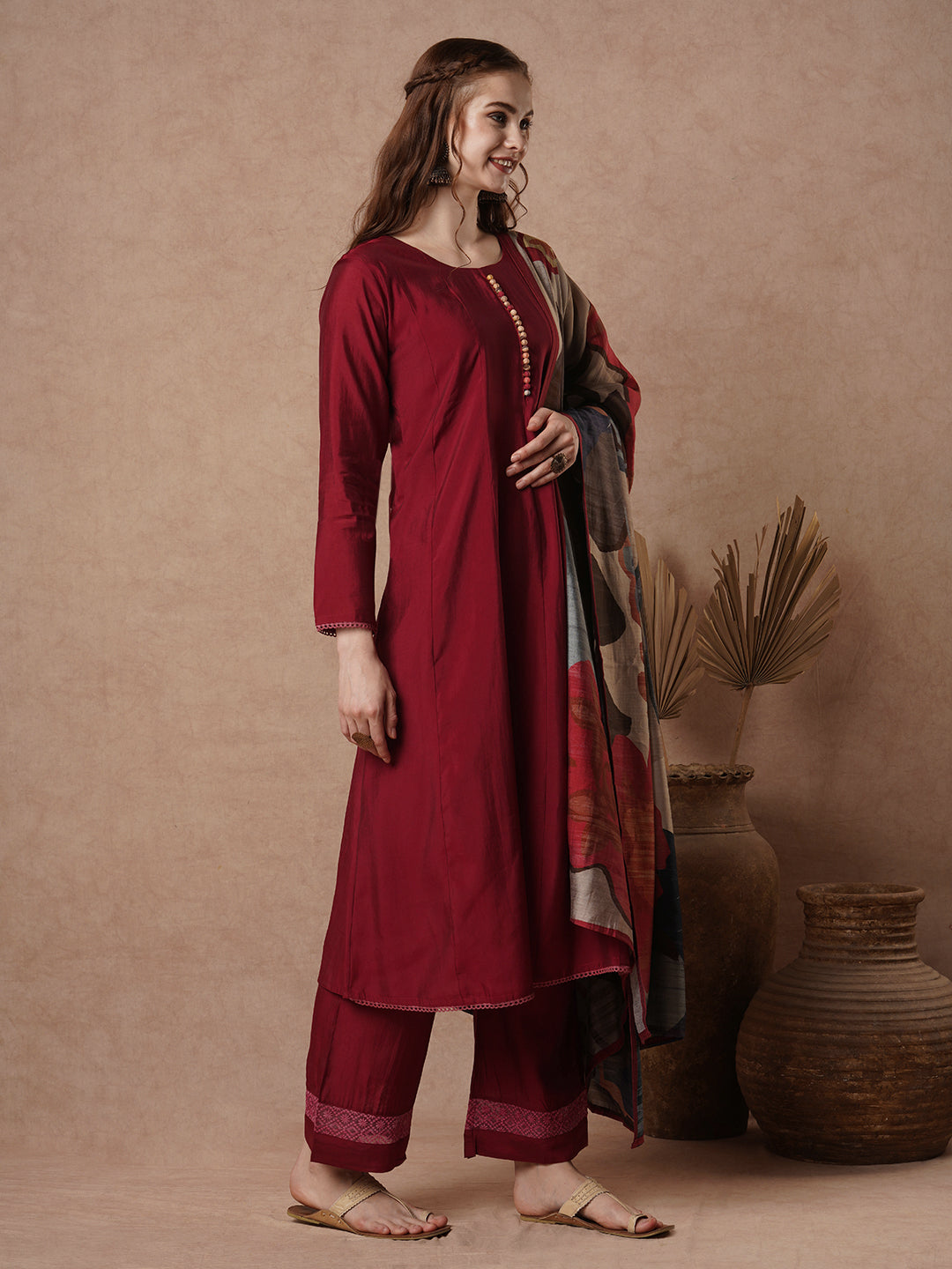 Solid & Anarkali Flared Kurta with Palazzo and Geometric Printed Dupatta - Deep Red