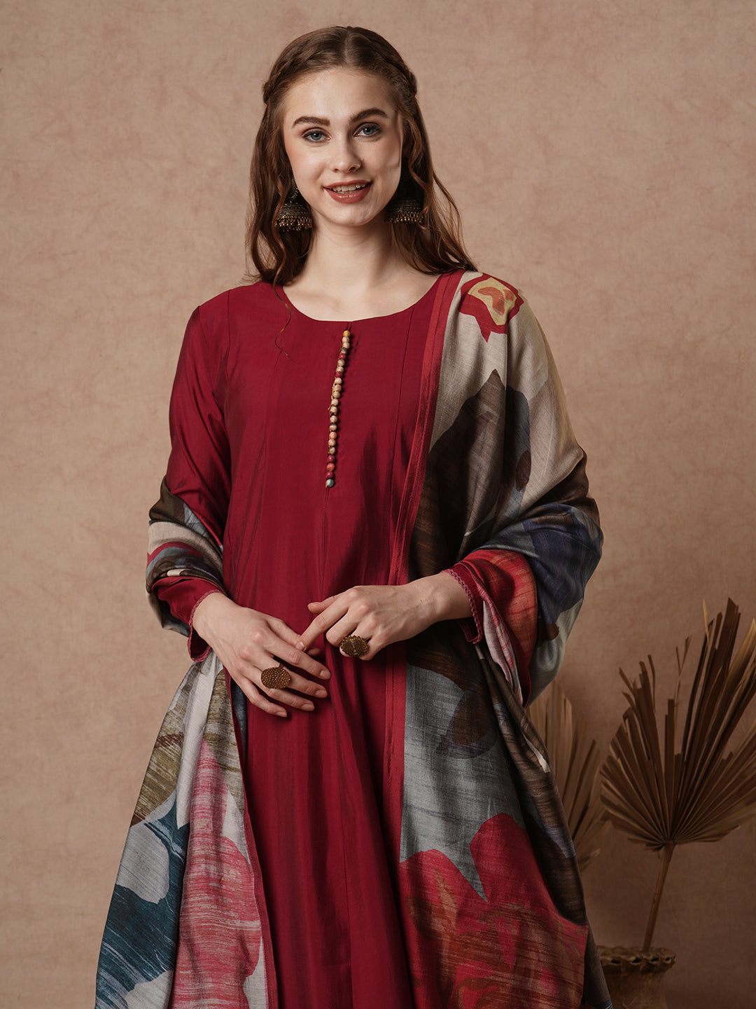 Solid & Anarkali Flared Kurta with Palazzo and Geometric Printed Dupatta - Deep Red