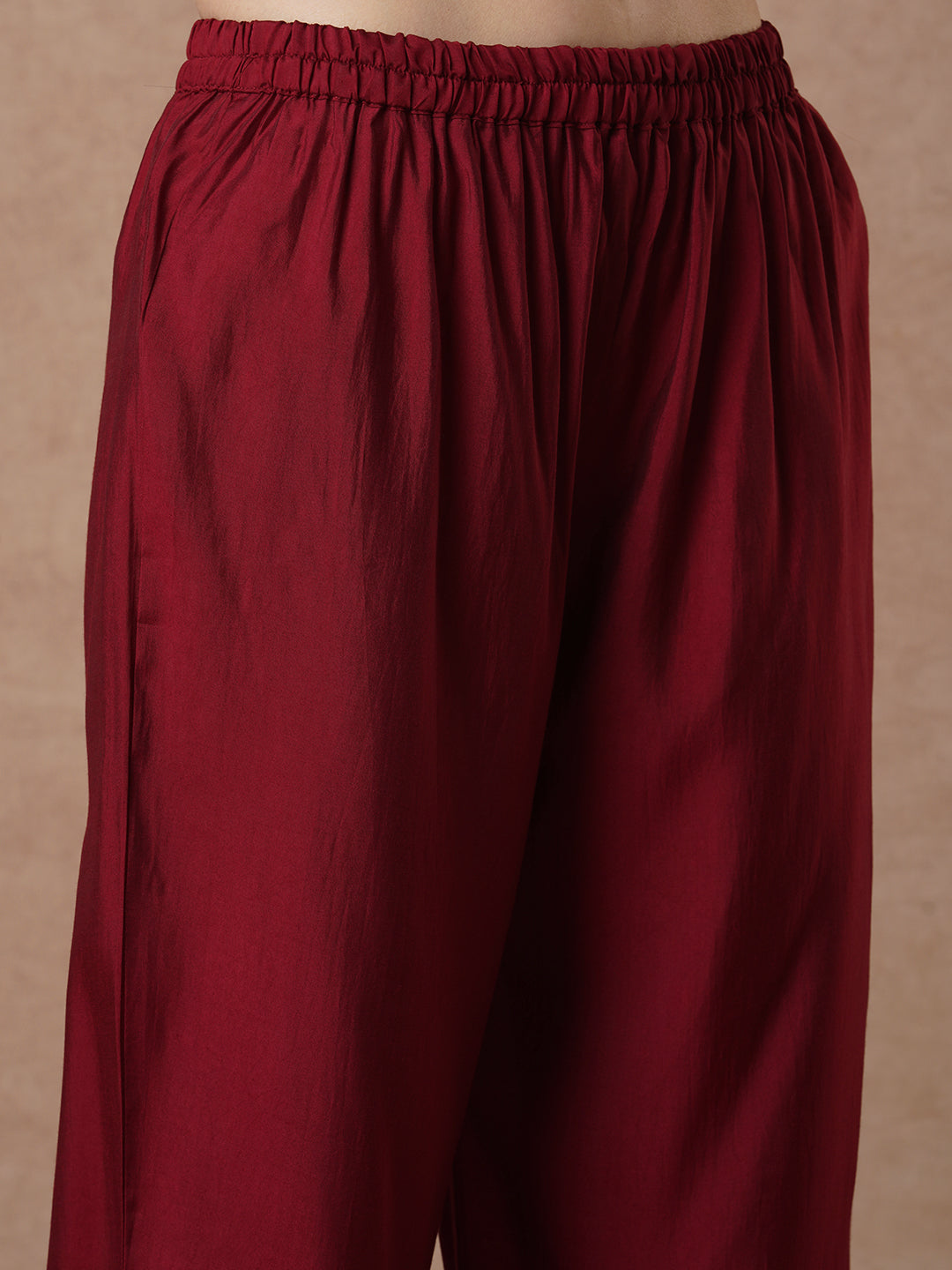 Solid & Anarkali Flared Kurta with Palazzo and Geometric Printed Dupatta - Deep Red