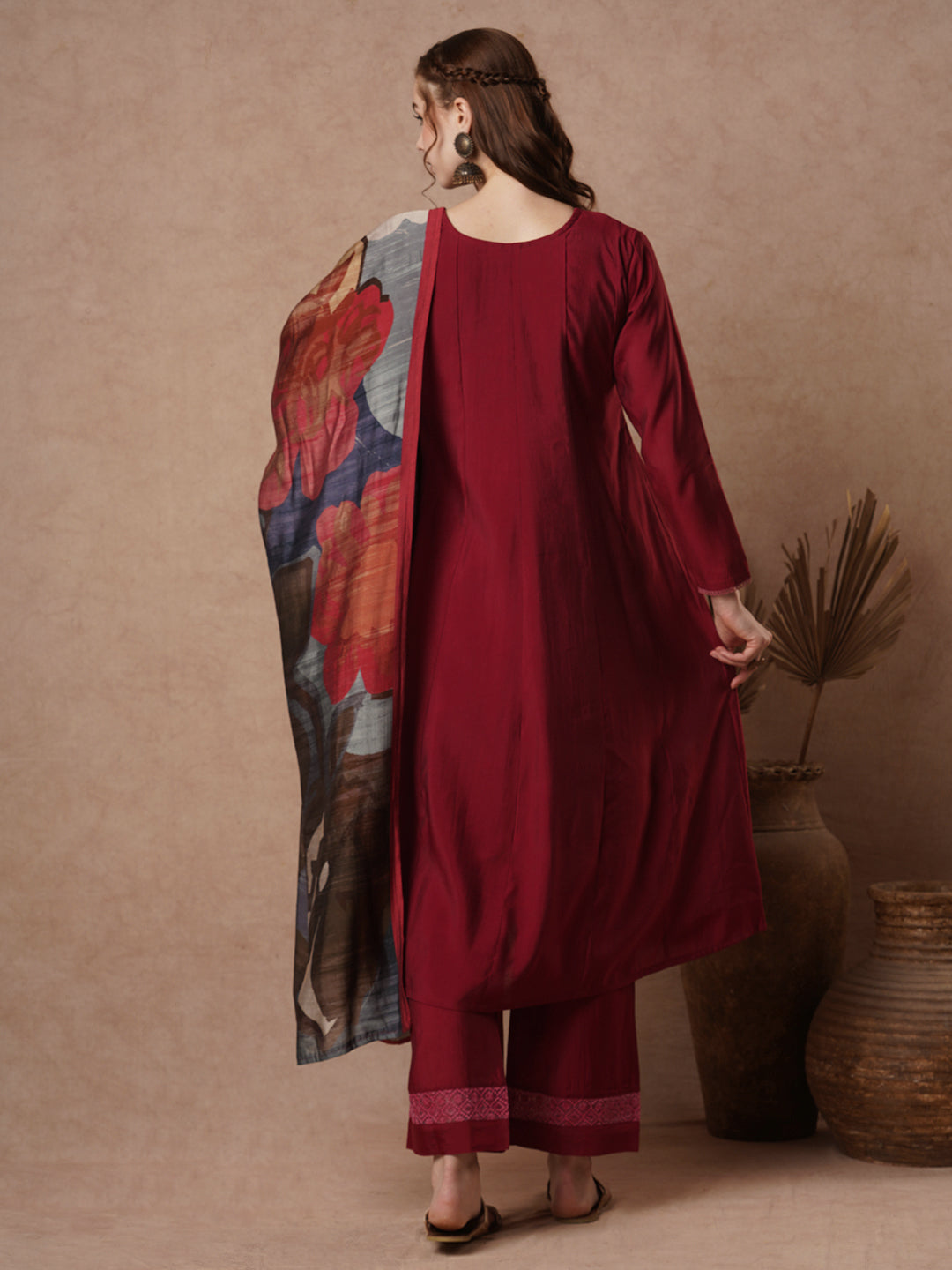 Solid & Anarkali Flared Kurta with Palazzo and Geometric Printed Dupatta - Deep Red