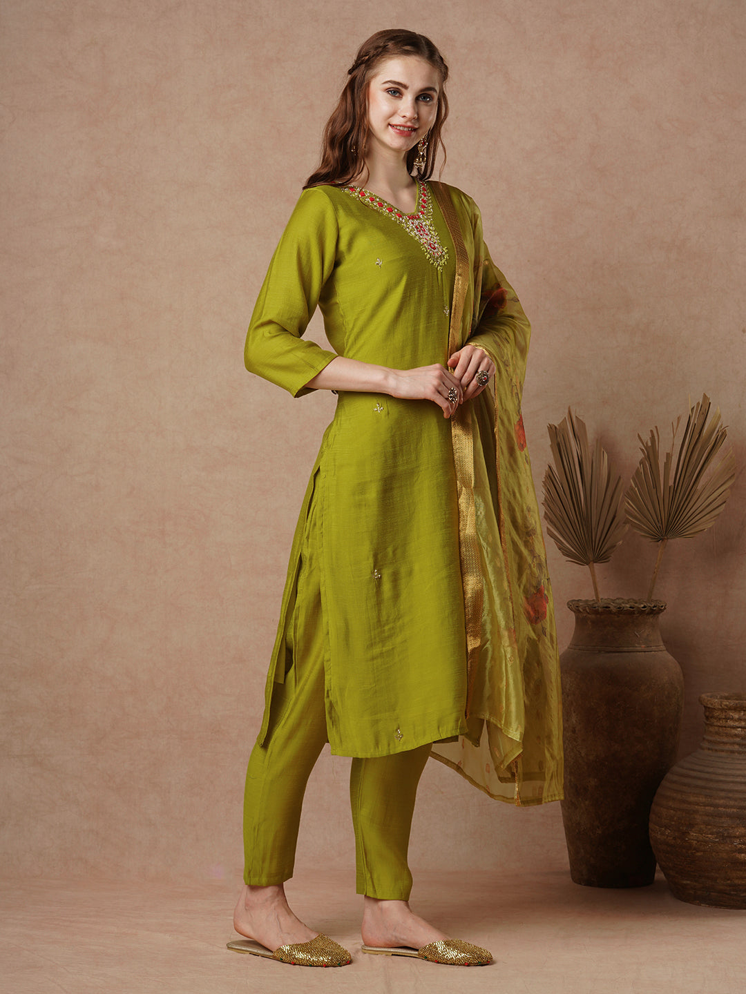 Ethnic Red Resham & Hand Embroidered Straight Kurta with Pant & Dupatta - Lime Green
