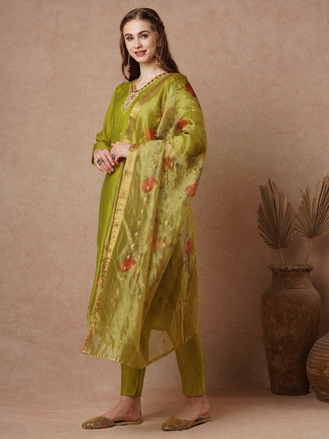 Ethnic Red Resham & Hand Embroidered Straight Kurta with Pant & Dupatta - Lime Green
