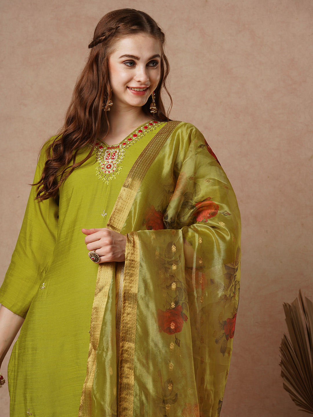 Ethnic Red Resham & Hand Embroidered Straight Kurta with Pant & Dupatta - Lime Green