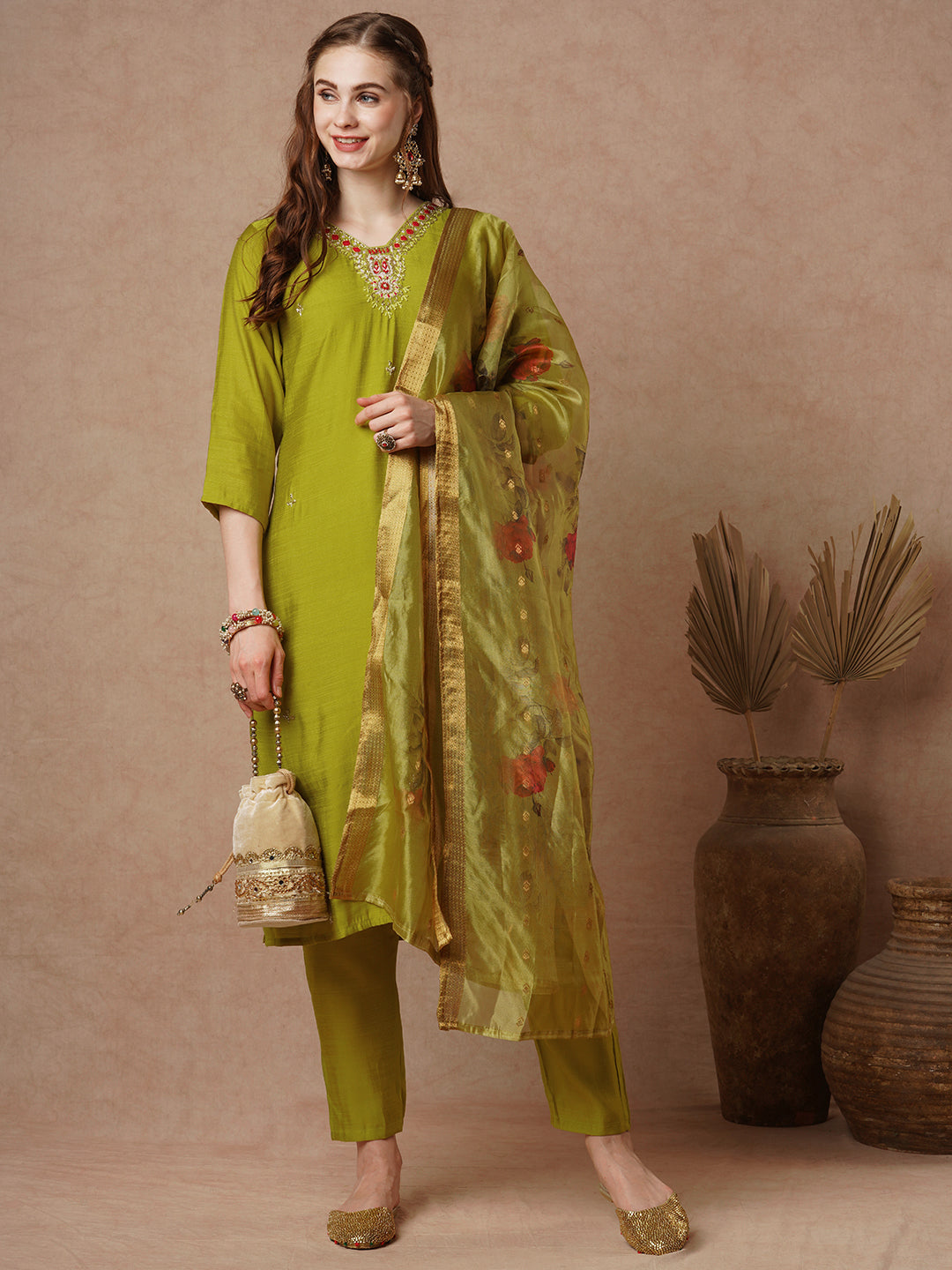 Ethnic Red Resham & Hand Embroidered Straight Kurta with Pant & Dupatta - Lime Green