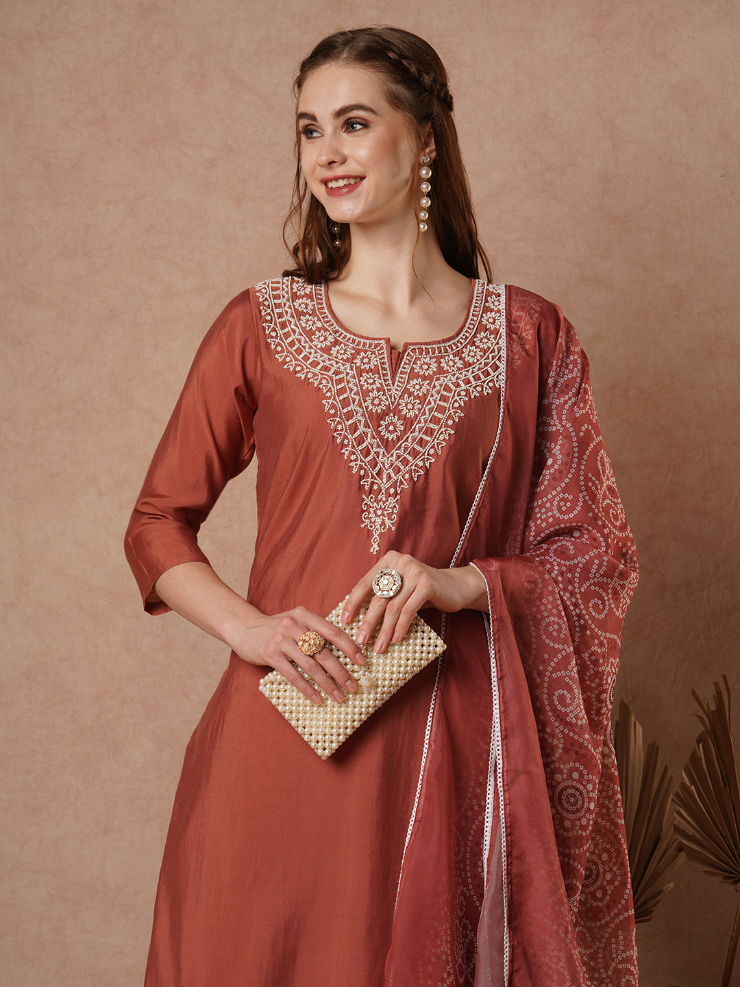 Ethnic Embroidered Straight Cut Kurta with Pant and Printed Dupatta - Rust
