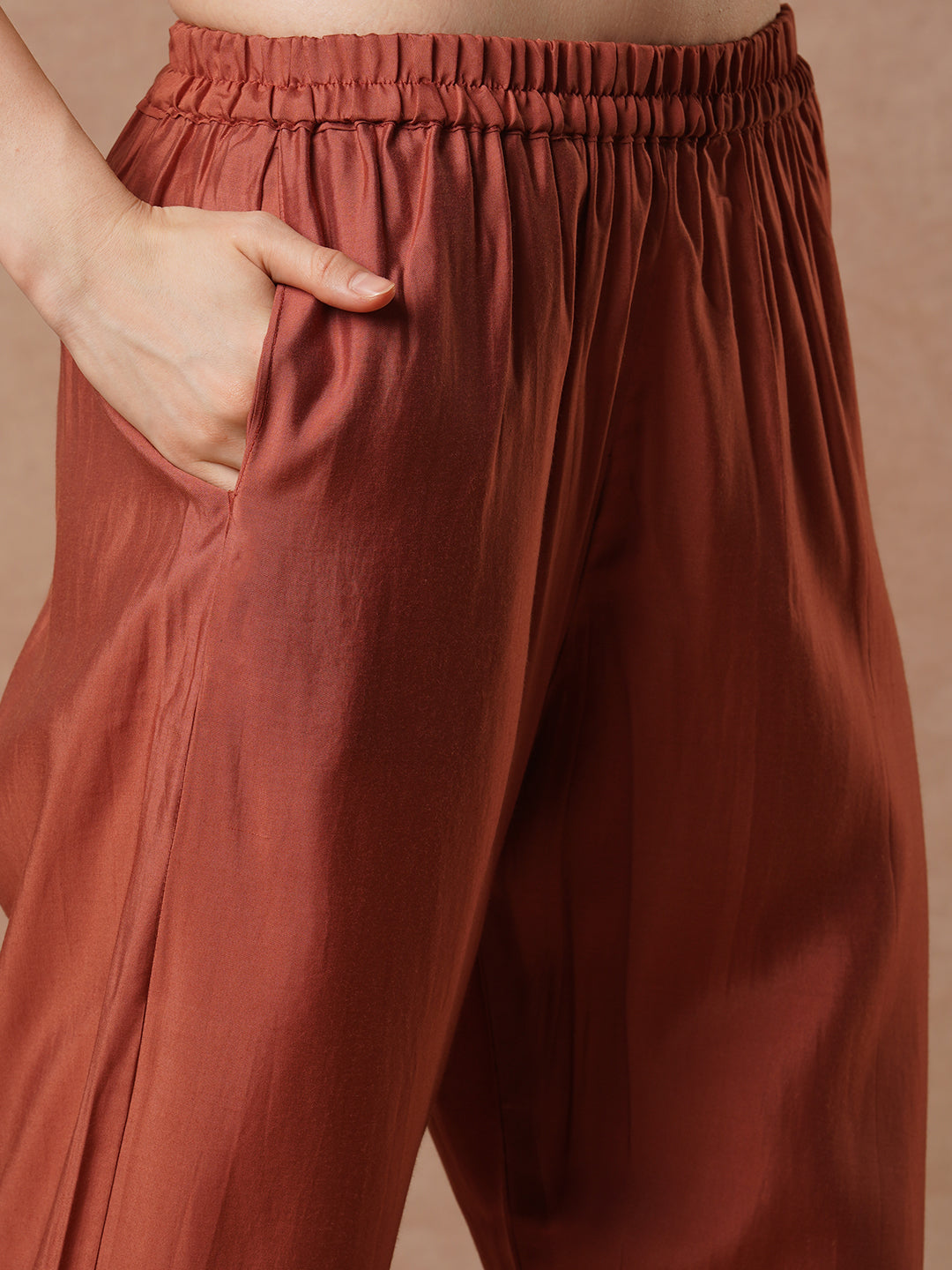 Ethnic Embroidered Straight Cut Kurta with Pant and Printed Dupatta - Rust