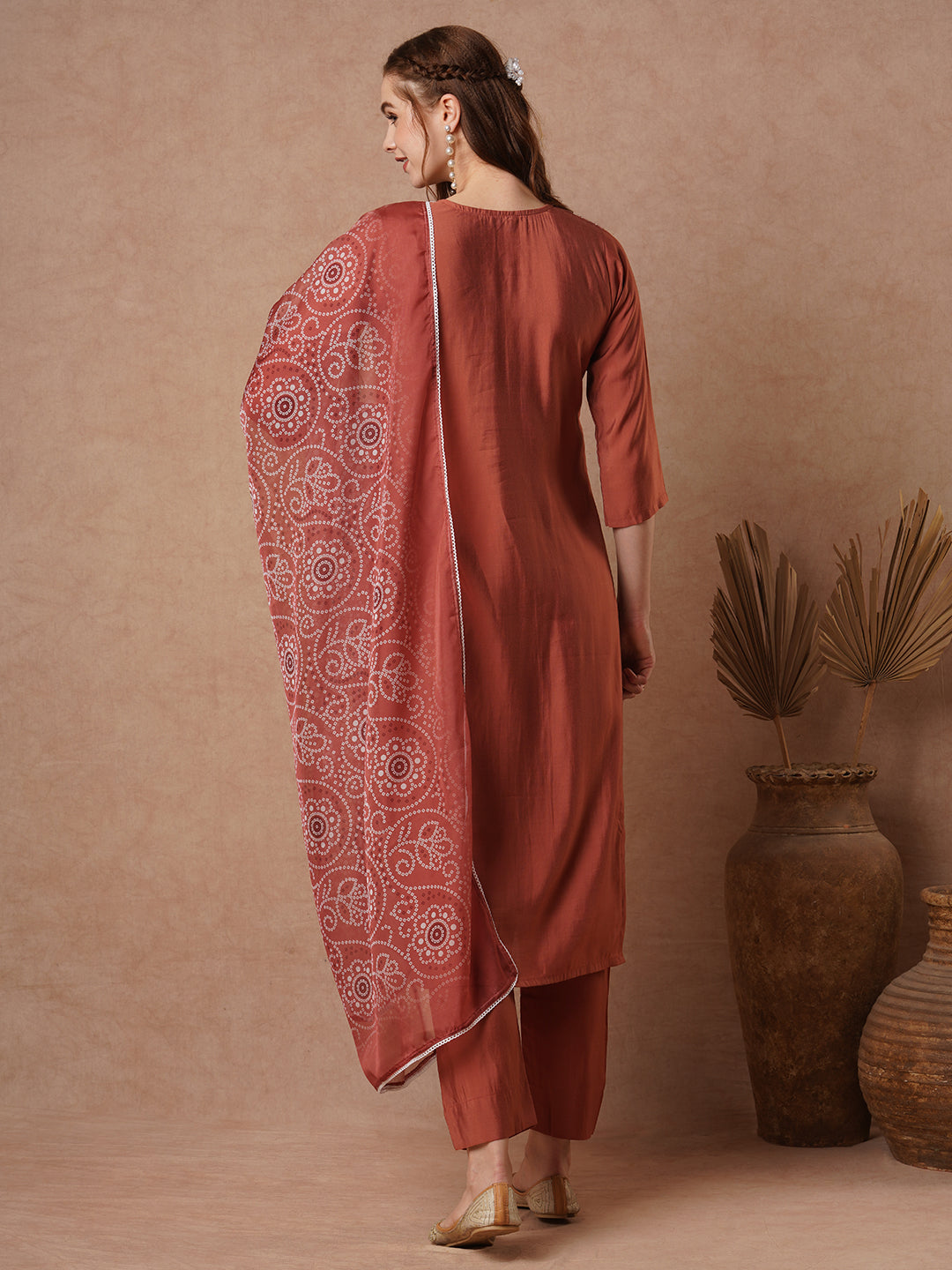 Ethnic Embroidered Straight Cut Kurta with Pant and Printed Dupatta - Rust