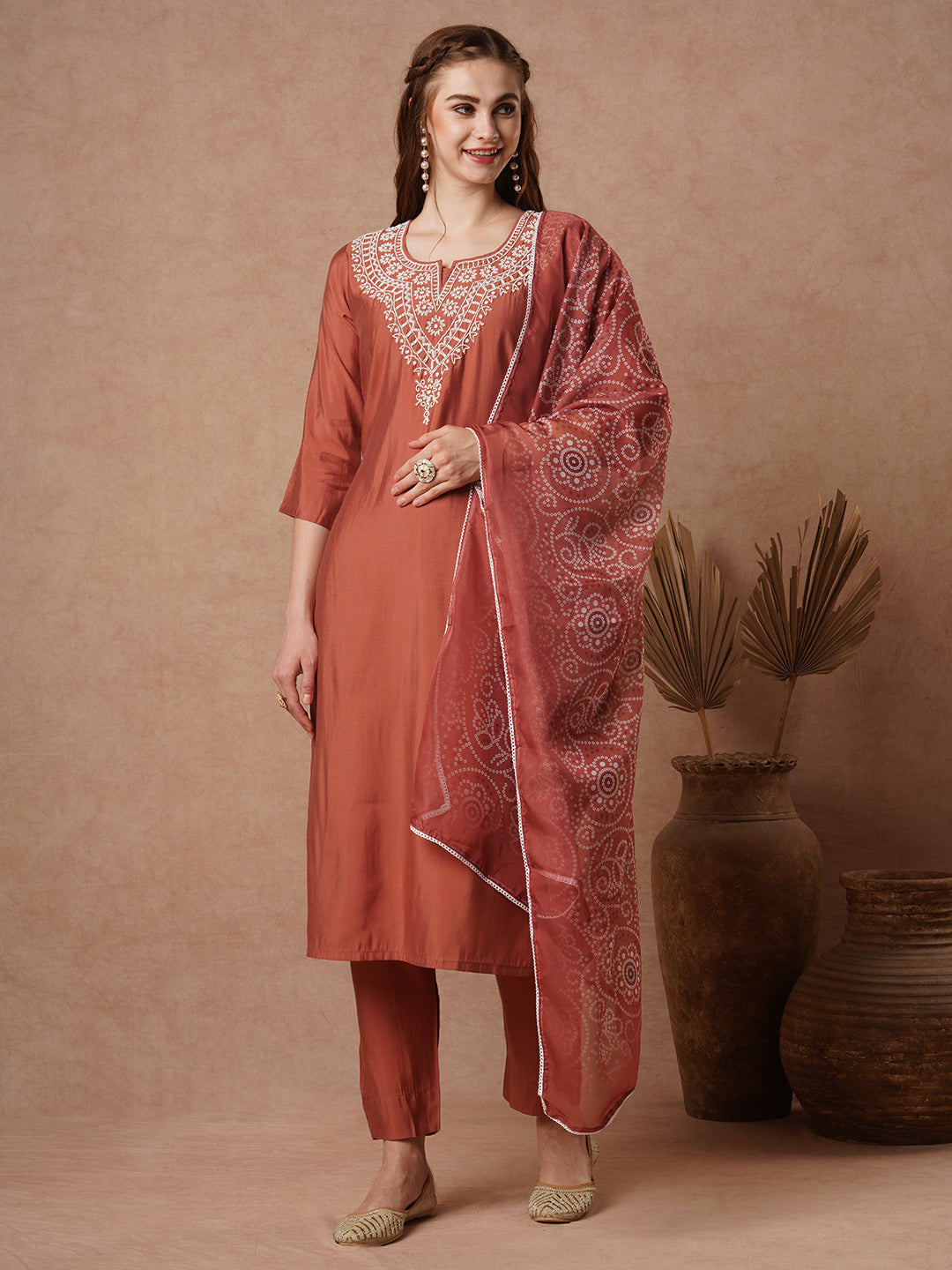 Ethnic Embroidered Straight Cut Kurta with Pant and Printed Dupatta - Rust