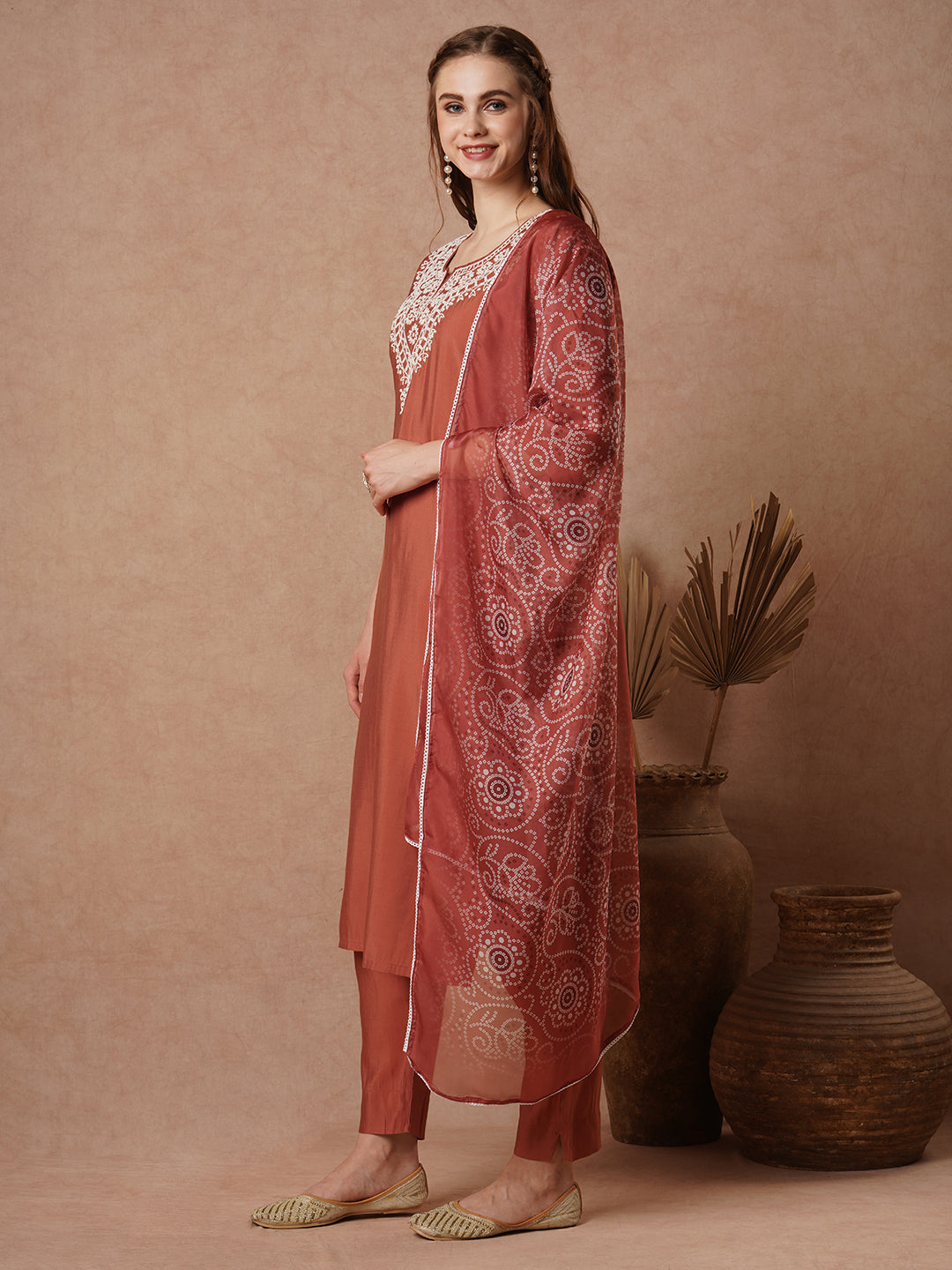 Ethnic Embroidered Straight Cut Kurta with Pant and Printed Dupatta - Rust