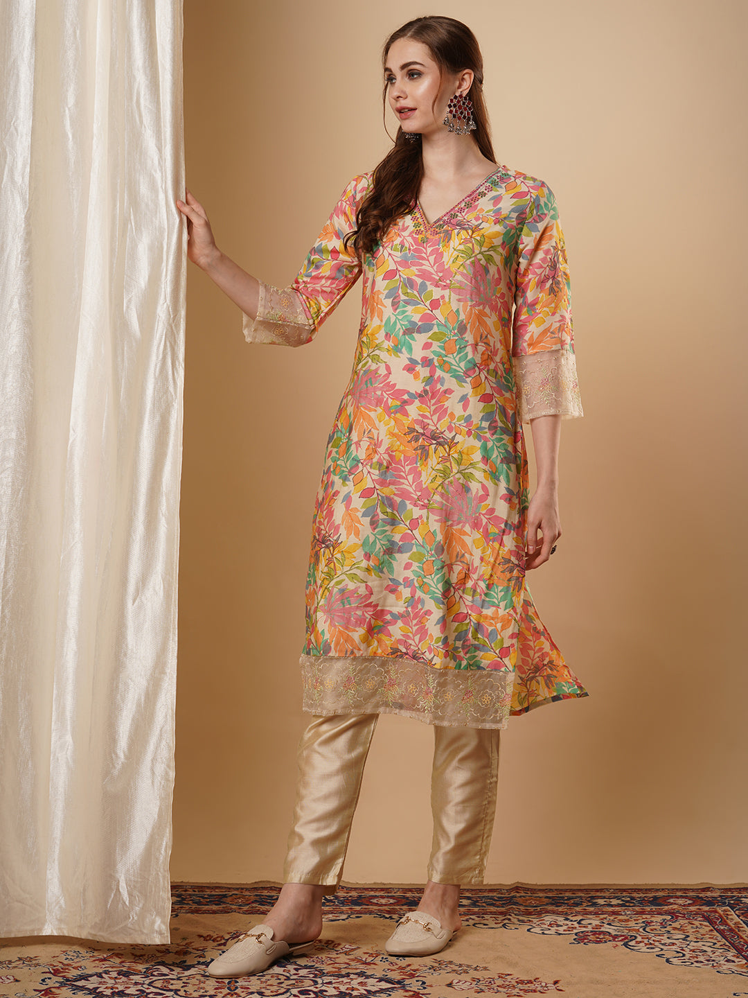 Floral Foil Printed & Embroidered Straight Kurta with Pant - Multi