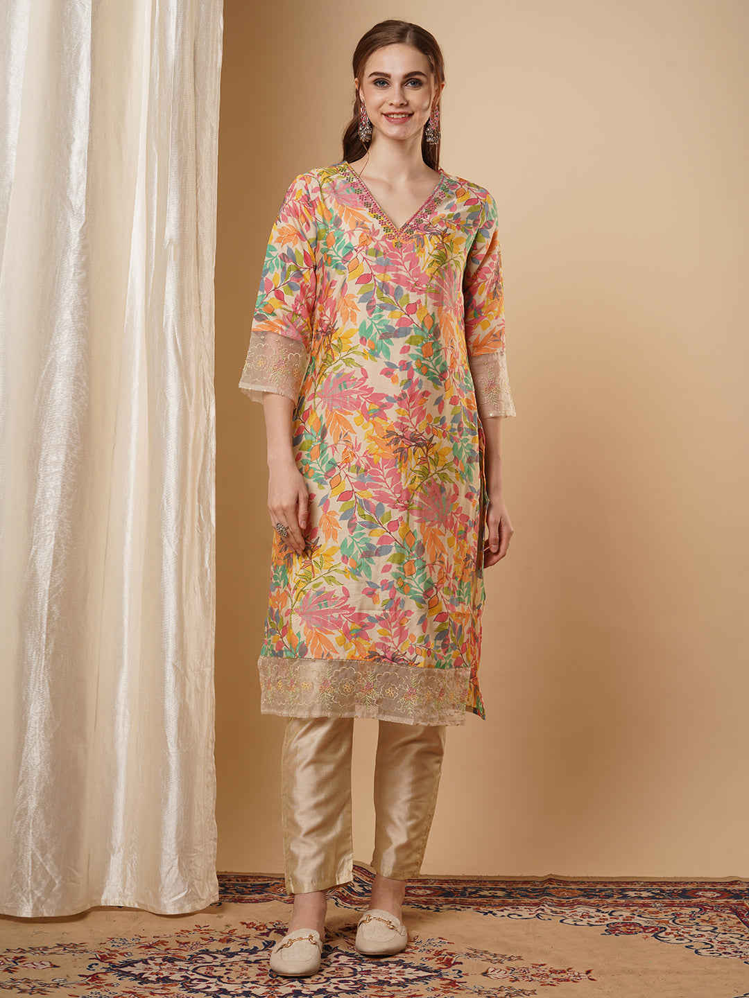 Floral Foil Printed & Embroidered Straight Kurta with Pant - Multi
