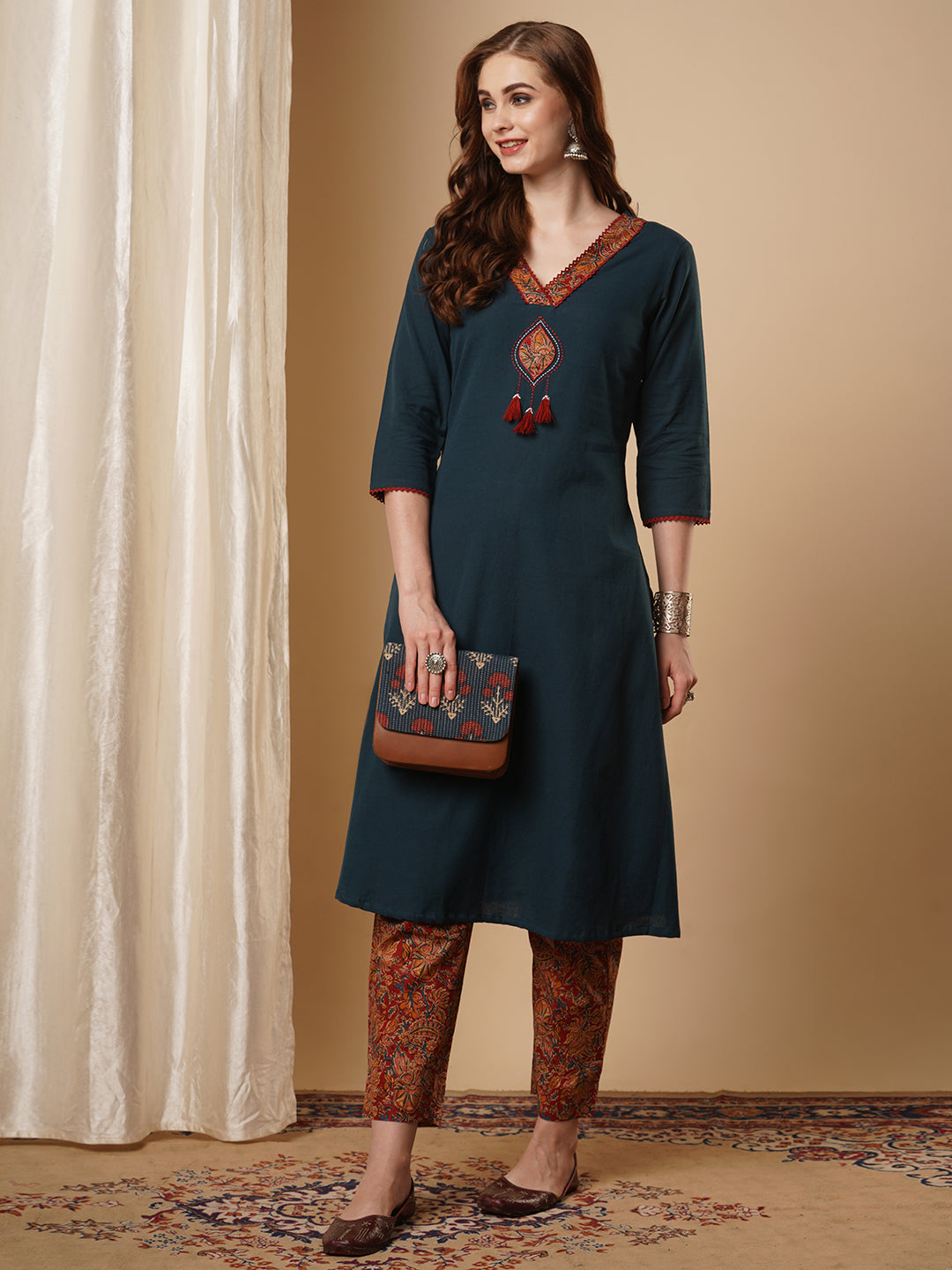 Solid Parchwork A-line Flared Cotton Flax Kurta with Printed Pant - Blue