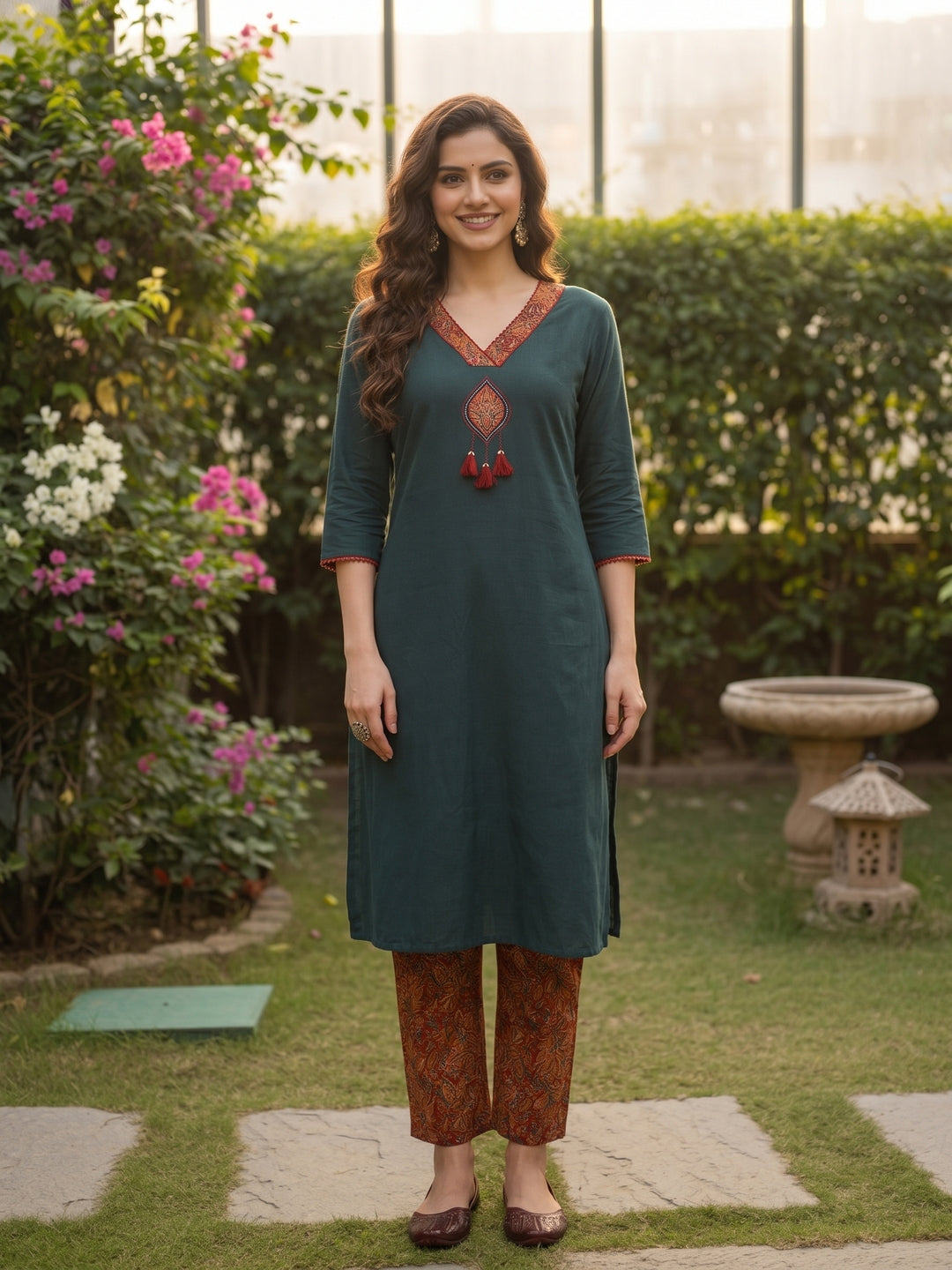 Solid Parchwork A-line Flared Cotton Flax Kurta with Printed Pant - Blue