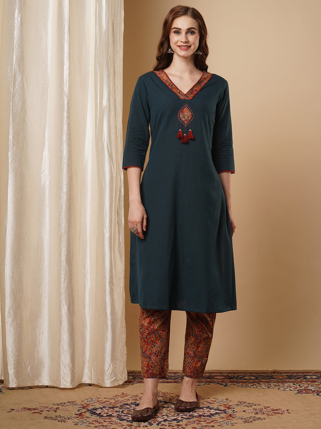 Solid Parchwork A-line Flared Cotton Flax Kurta with Printed Pant - Blue