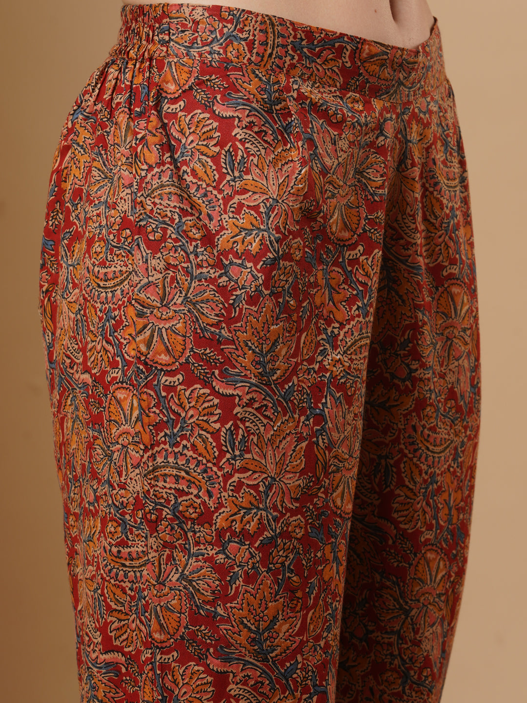 Solid Parchwork A-line Flared Cotton Flax Kurta with Printed Pant - Blue