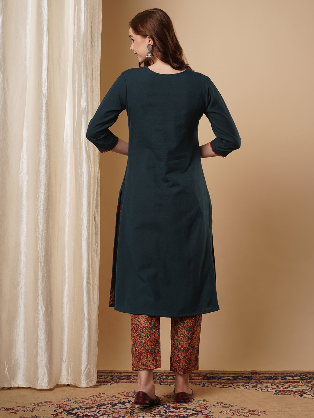 Solid Parchwork A-line Flared Cotton Flax Kurta with Printed Pant - Blue