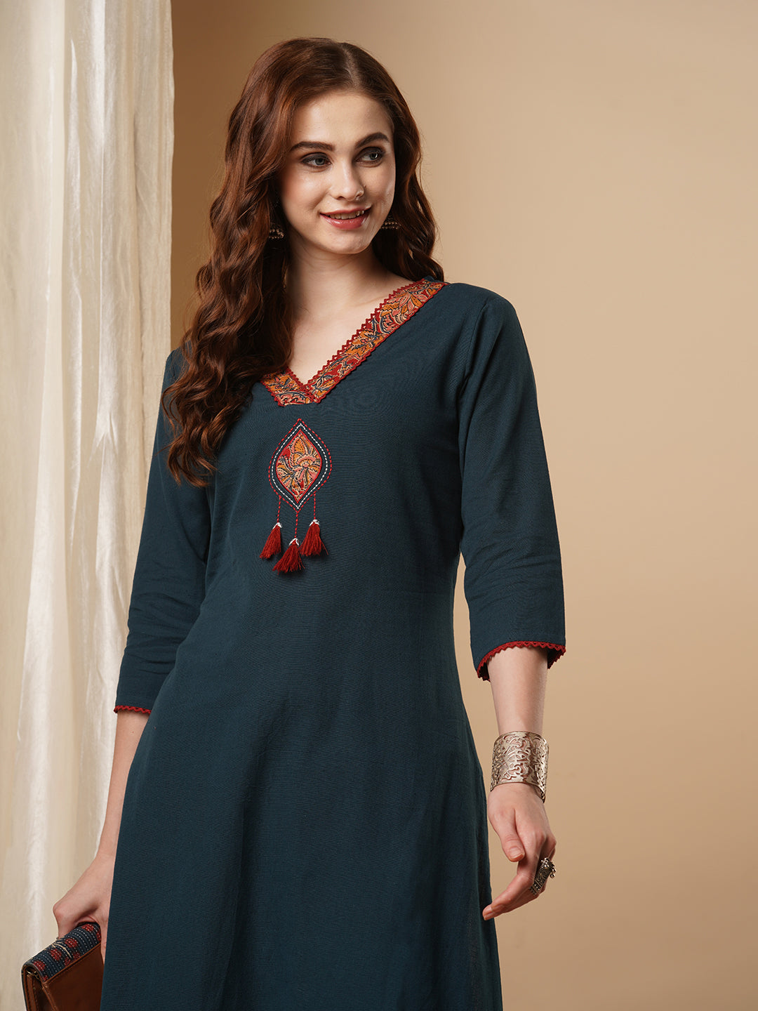 Solid Parchwork A-line Flared Cotton Flax Kurta with Printed Pant - Blue