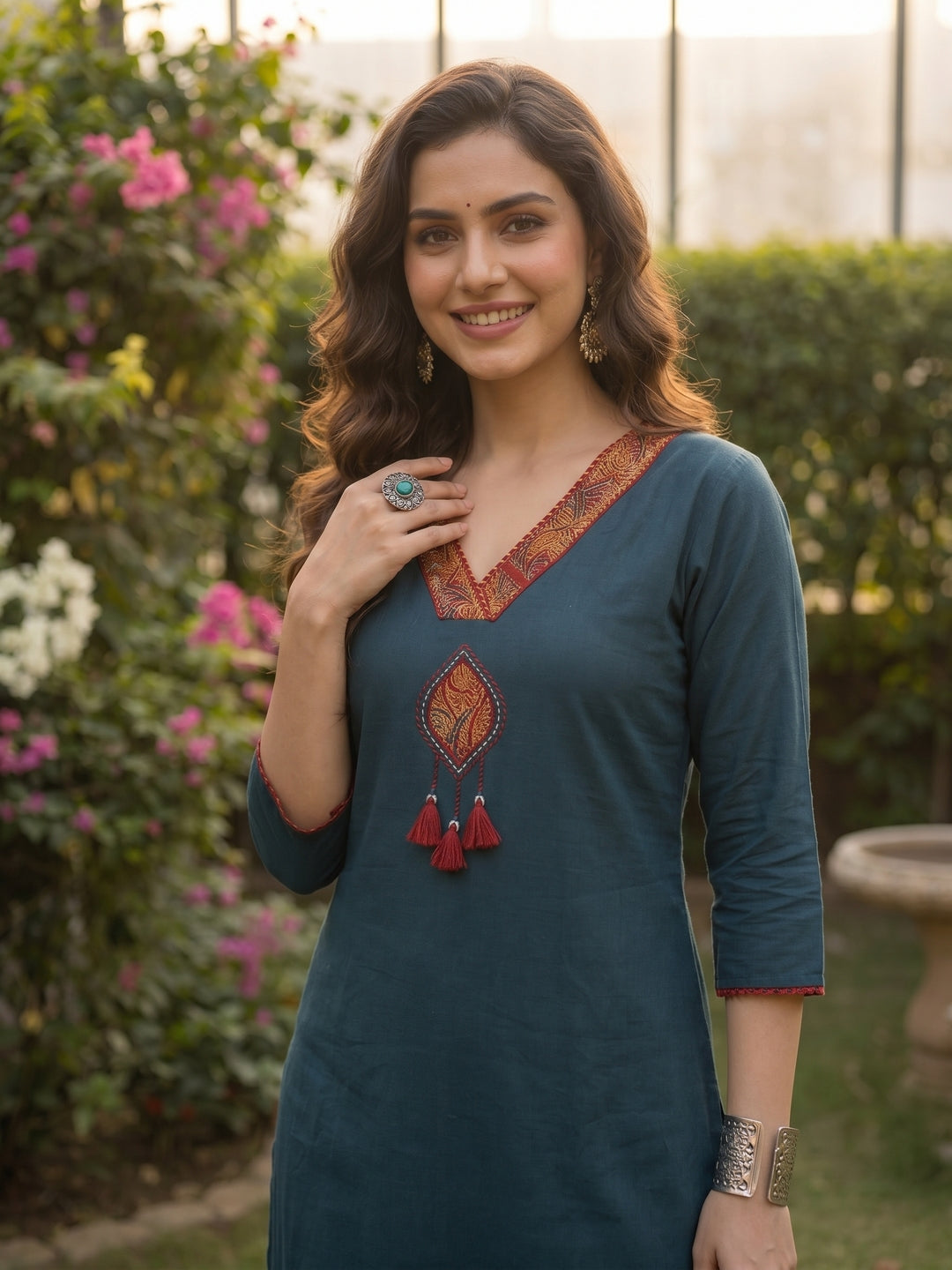 Solid Parchwork A-line Flared Cotton Flax Kurta with Printed Pant - Blue