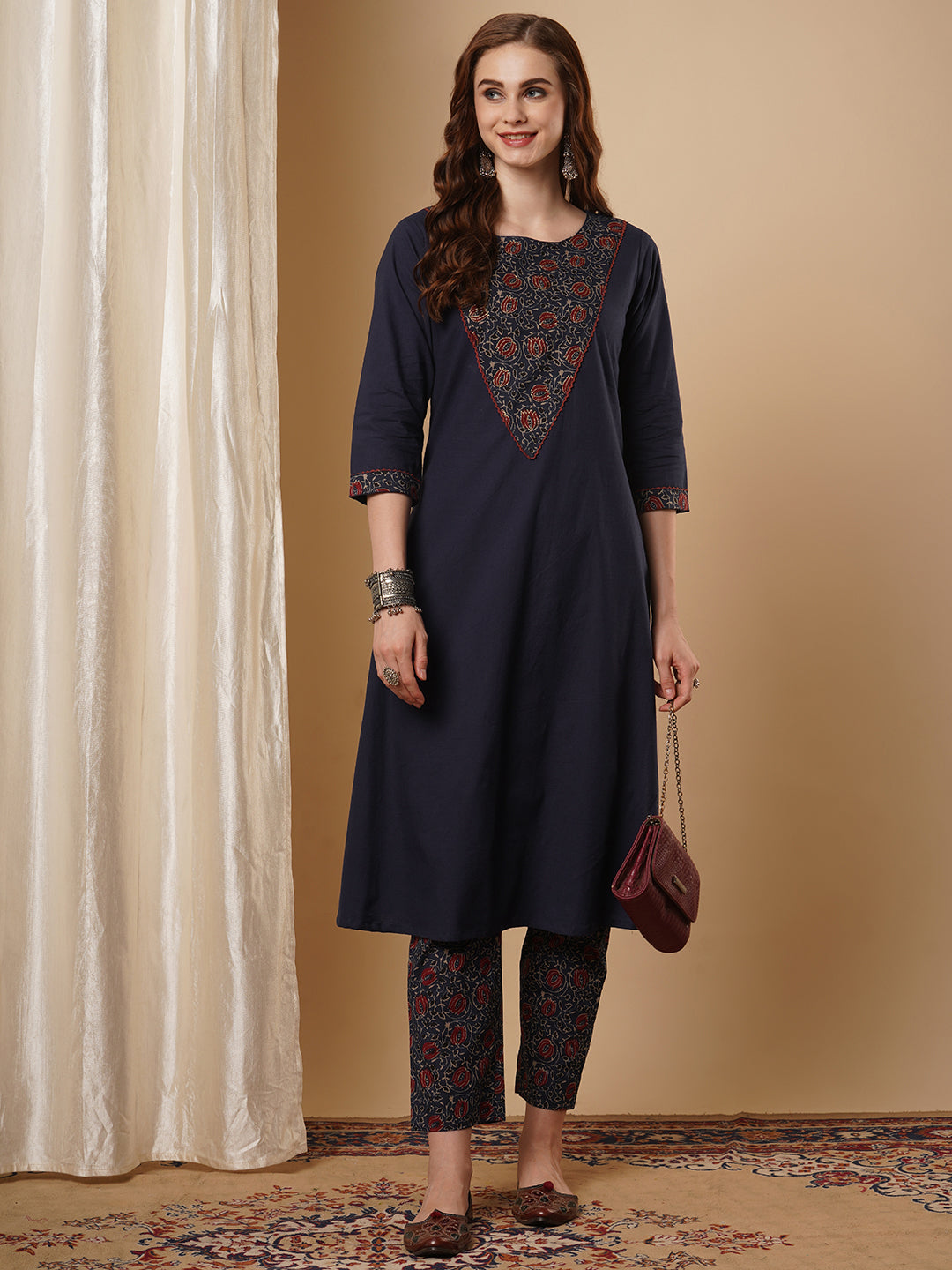 Floral Printed & Zari Work Solid A-Line Kurta with Printed Pant - Navy Blue