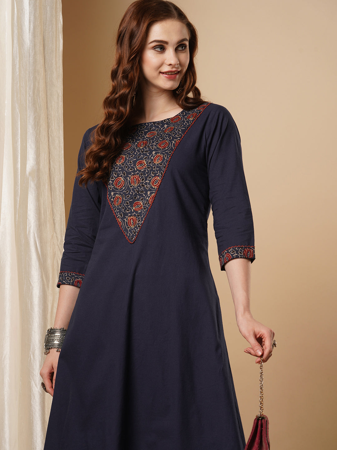 Floral Printed & Zari Work Solid A-Line Kurta with Printed Pant - Navy Blue