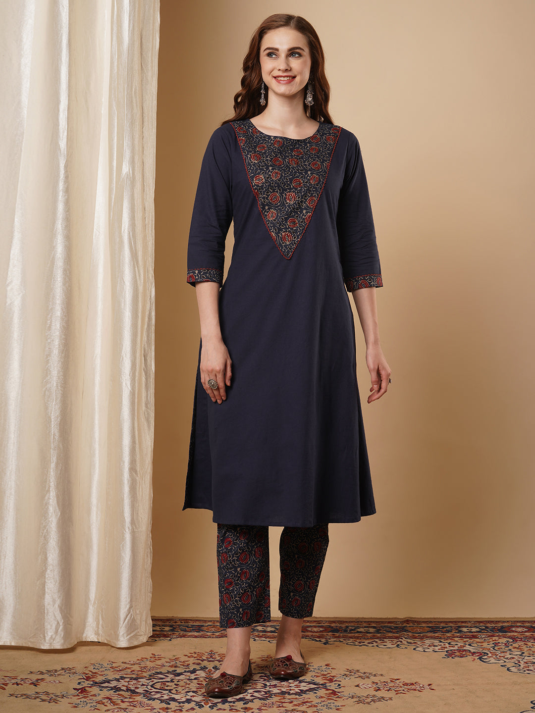 Floral Printed & Zari Work Solid A-Line Kurta with Printed Pant - Navy Blue