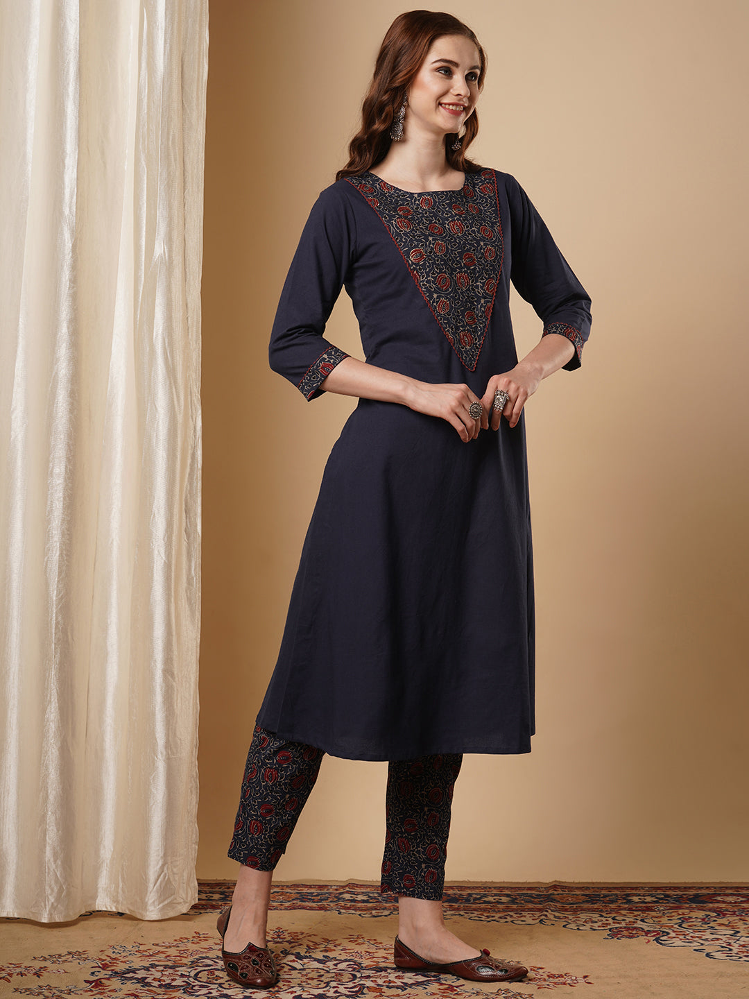 Floral Printed & Zari Work Solid A-Line Kurta with Printed Pant - Navy Blue