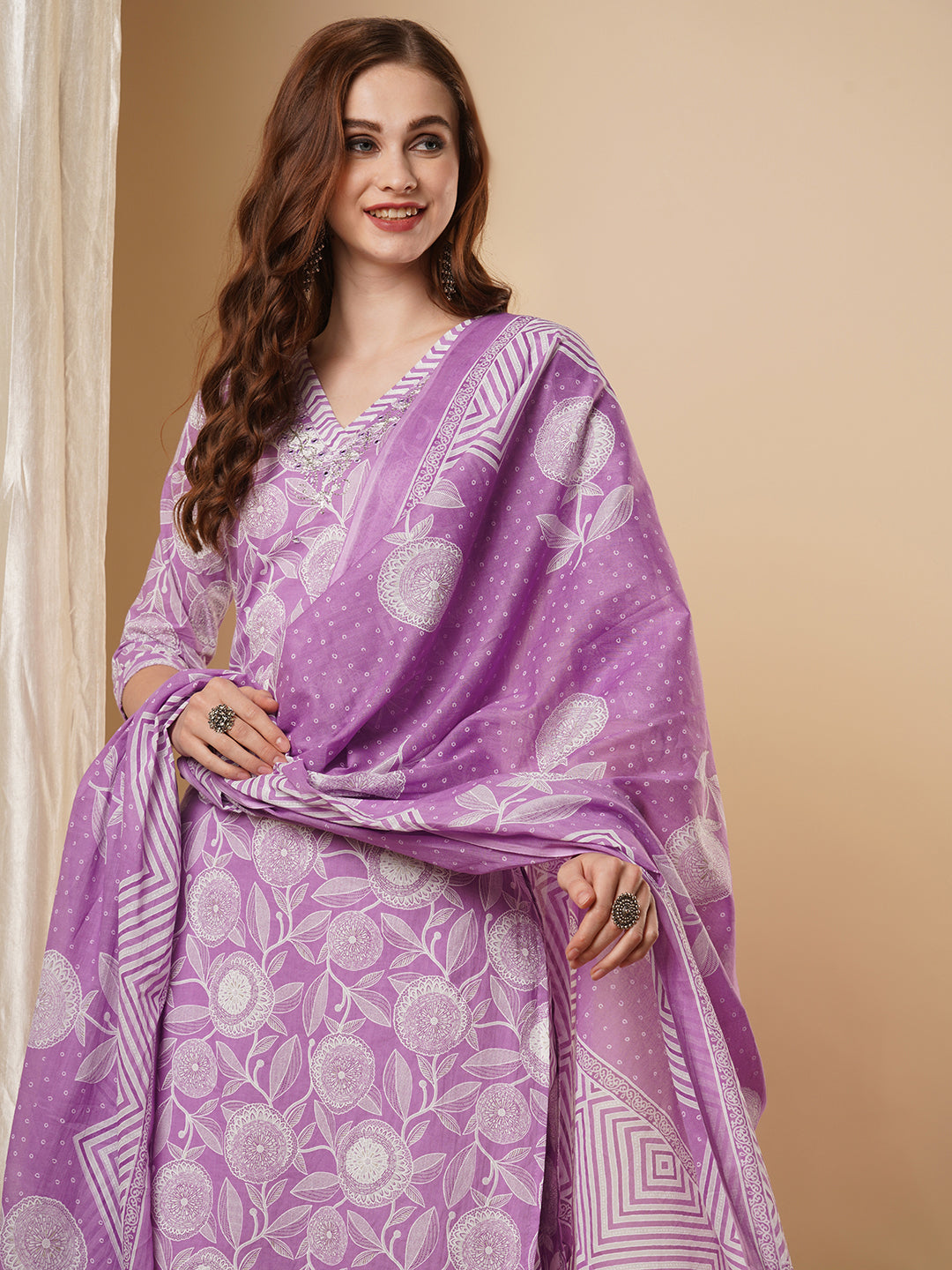 Floral & Chevron Printed Straight Kurta with Pant & Pure Cotton Dupatta - Purple