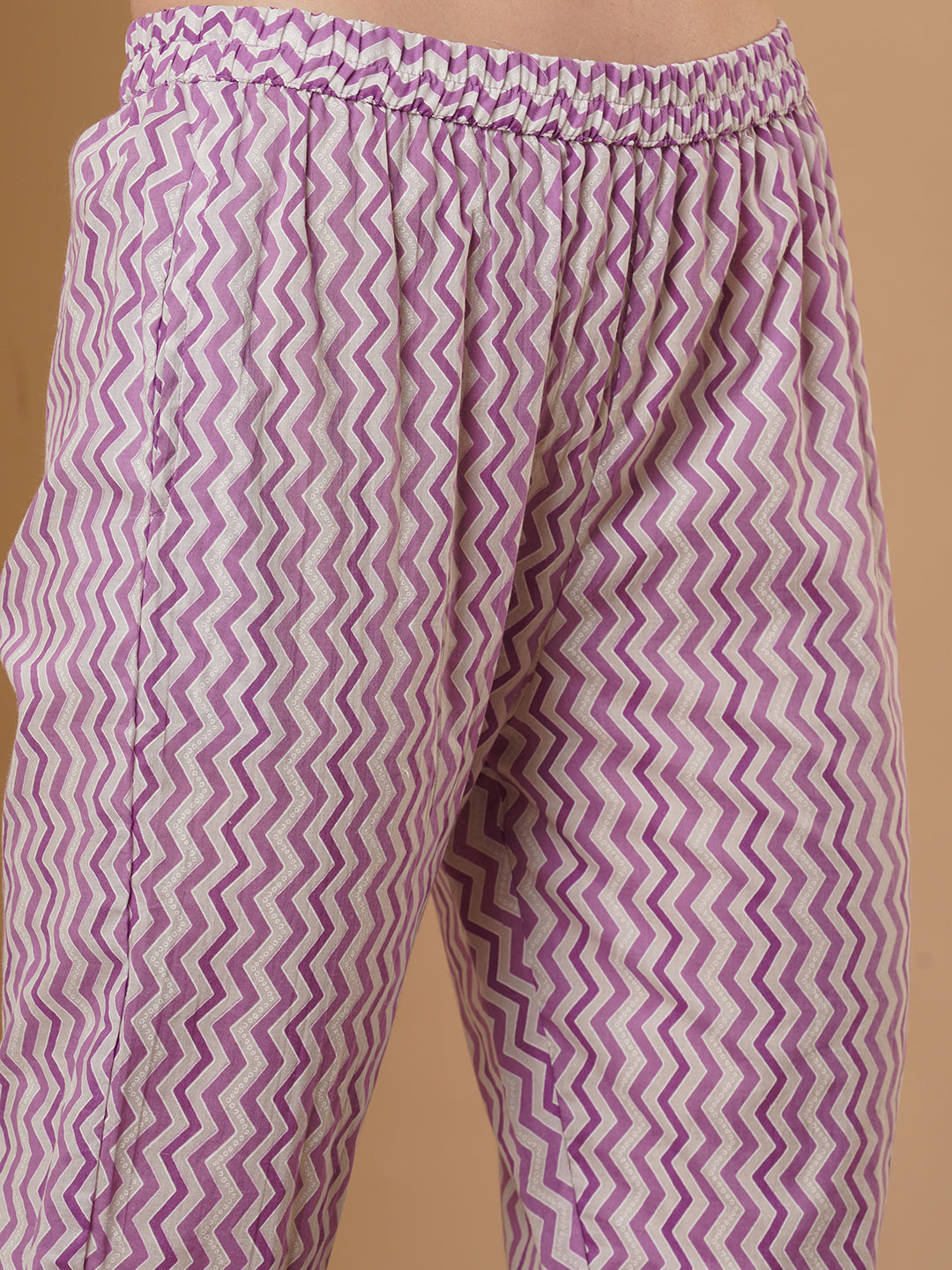 Floral & Chevron Printed Straight Kurta with Pant & Pure Cotton Dupatta - Purple