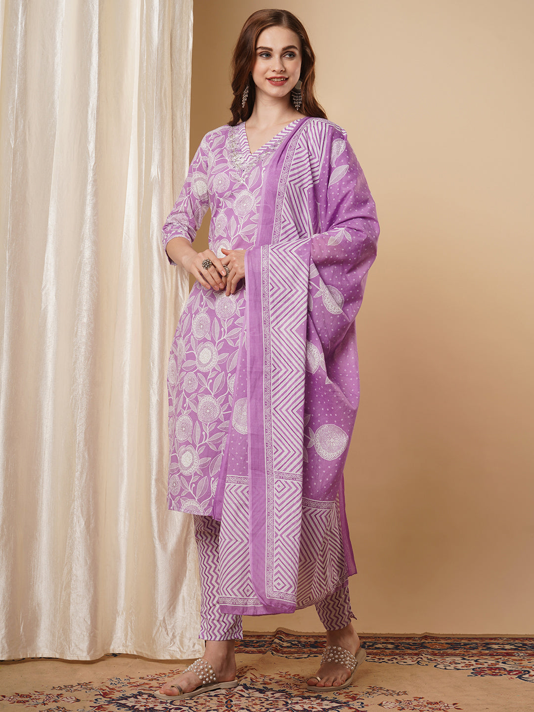 Floral & Chevron Printed Straight Kurta with Pant & Pure Cotton Dupatta - Purple