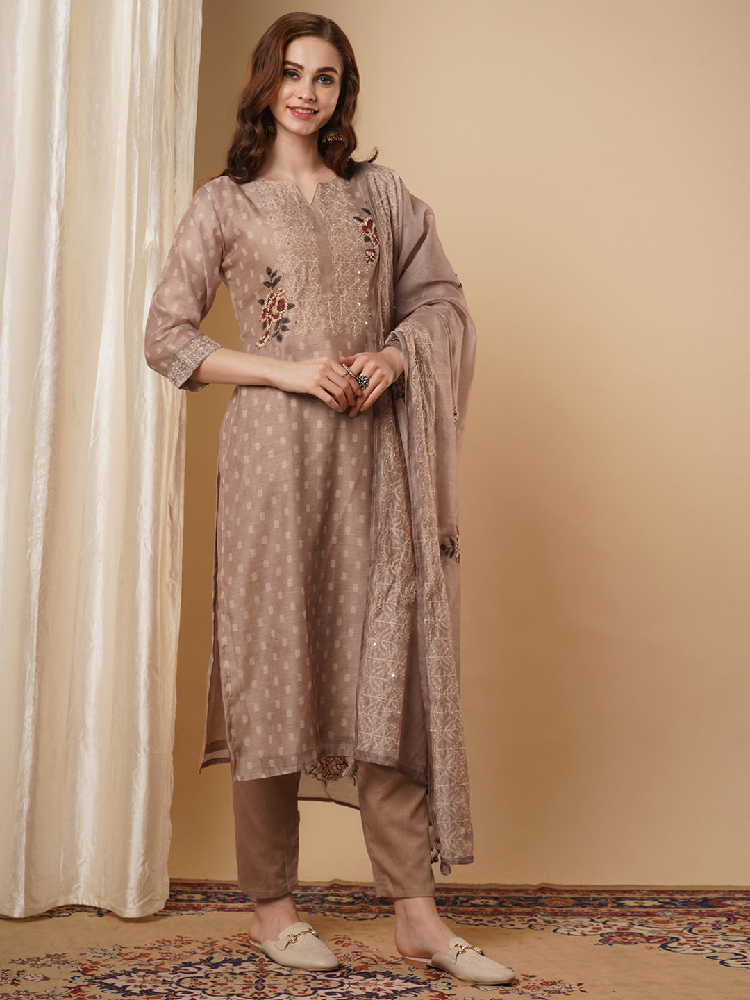 Solid Dobby Rose Printed & Hand Embroidered Straight Fit Kurta Set - Camel Brown